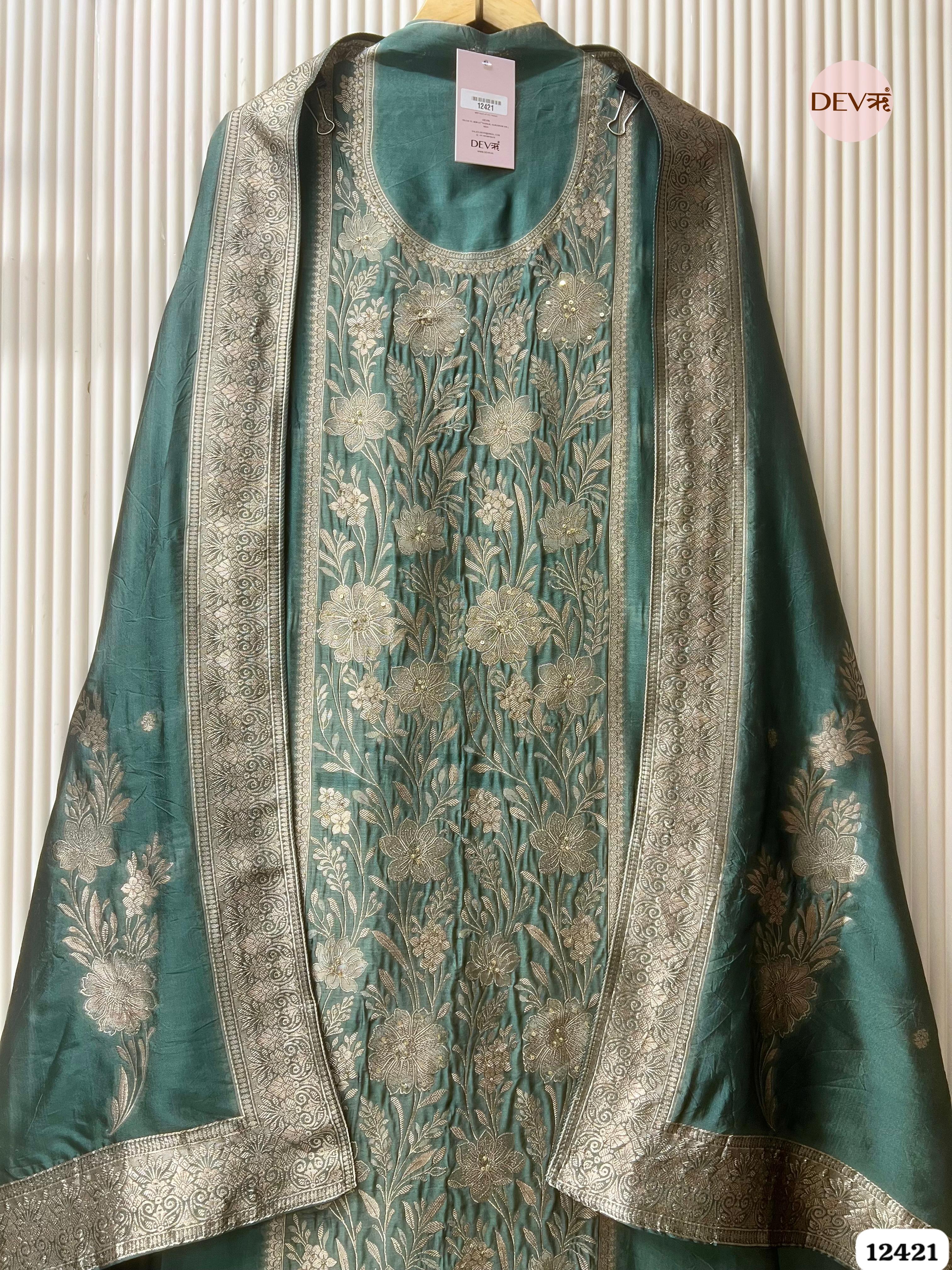 Teal Banarasi Silk Embroidered Unstitched 3-Piece Suit (Devri – D.No. 12421 )