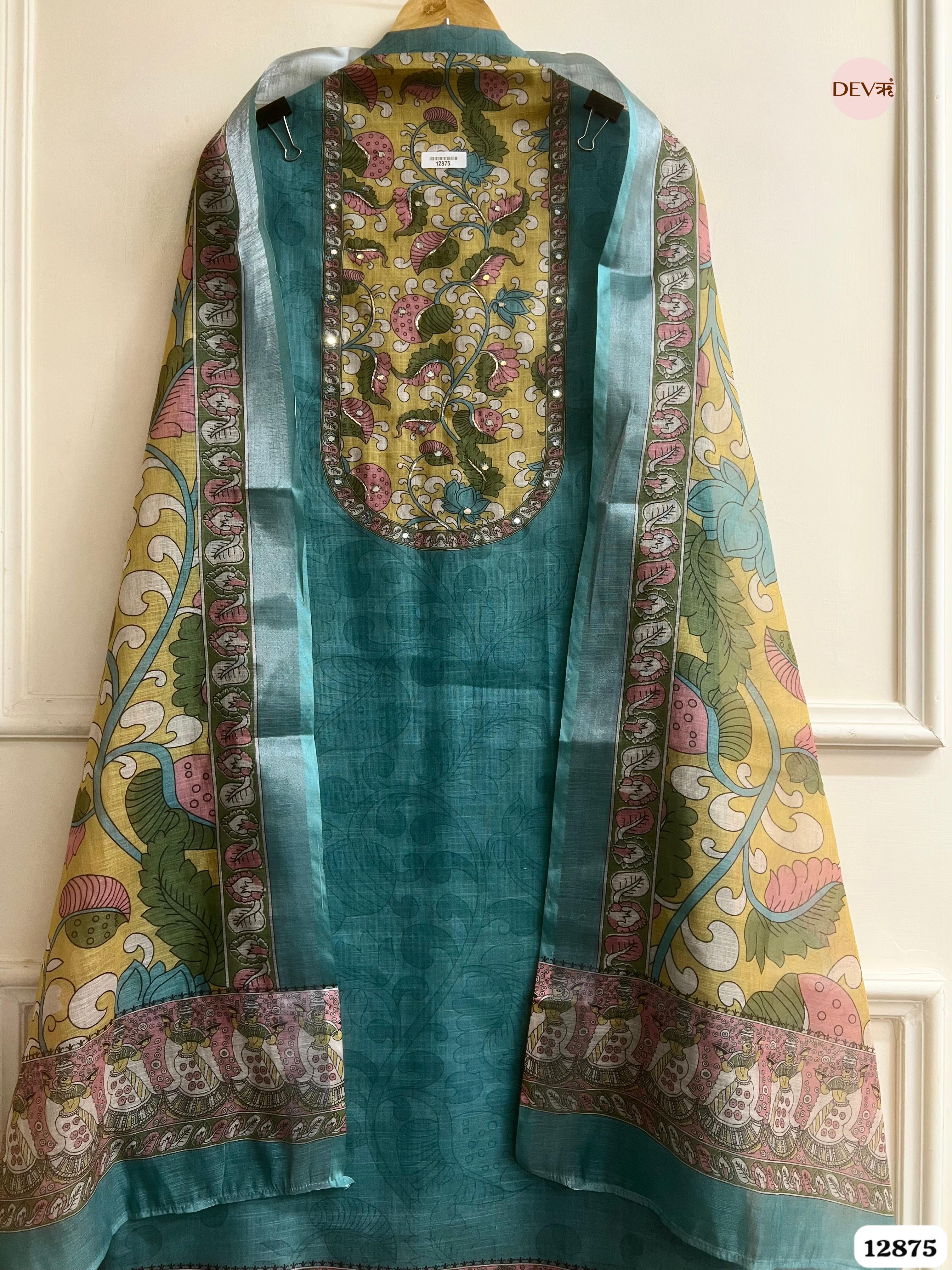 Teal Blue Linen Cotton Printed Unstitched 3-Piece Suit (Devri – D.No 12875)