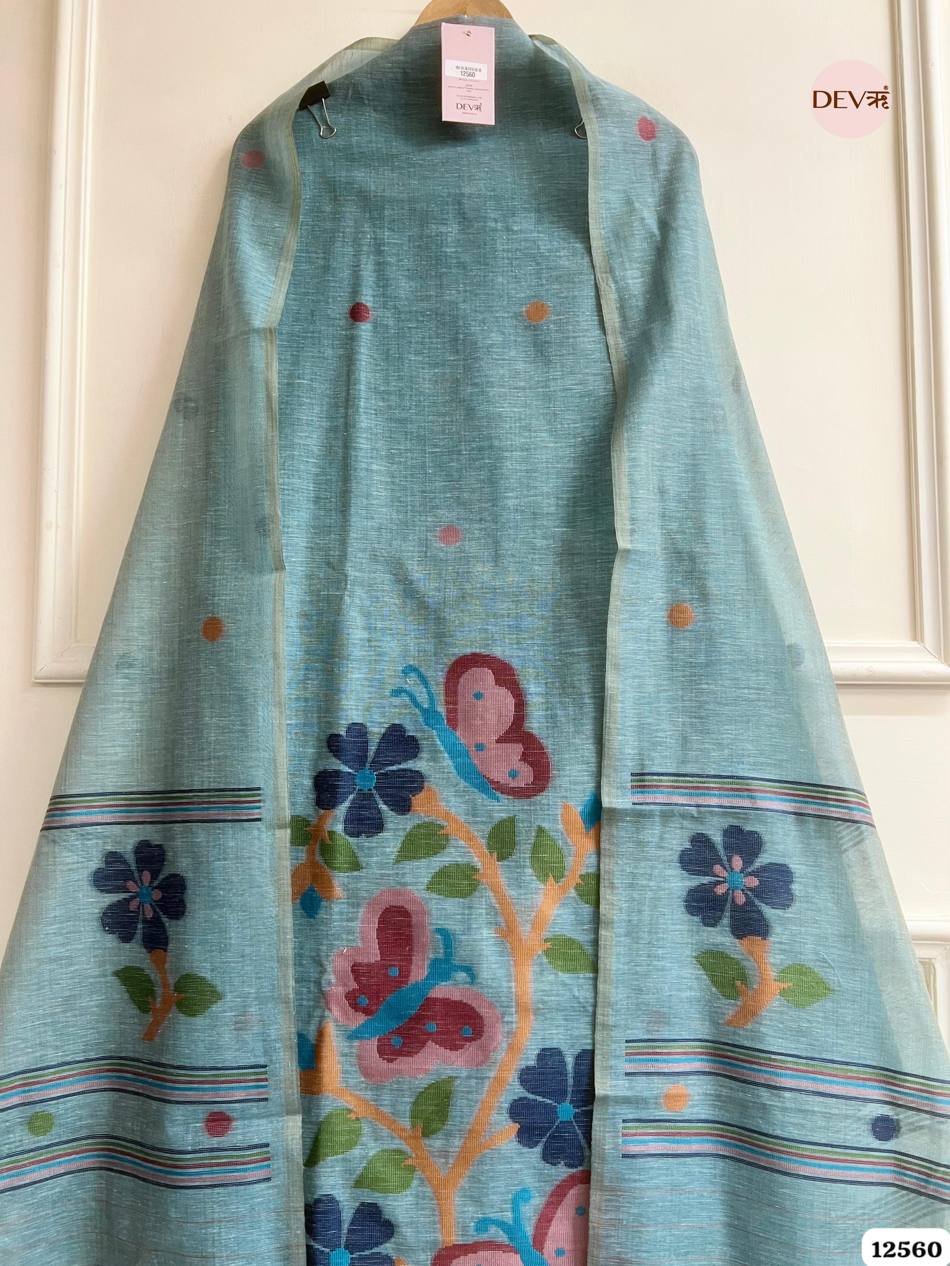 teal Linen Printed Unstitched 3-Piece Suit (Devri – D.No 12560)