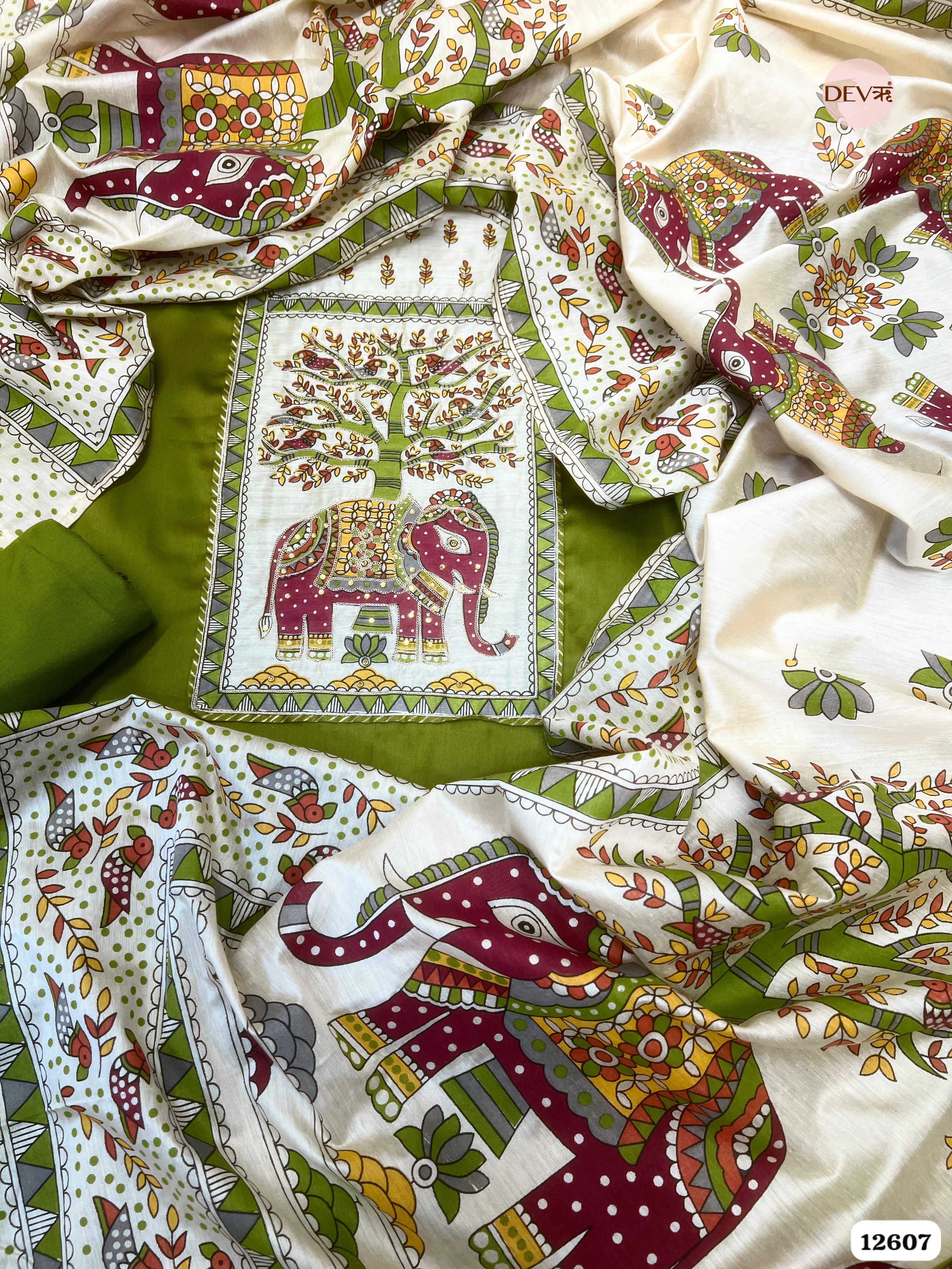 Olive Green Cotton Embroidered Unstitched 3-Piece Suit (Devri – D.No 12607)