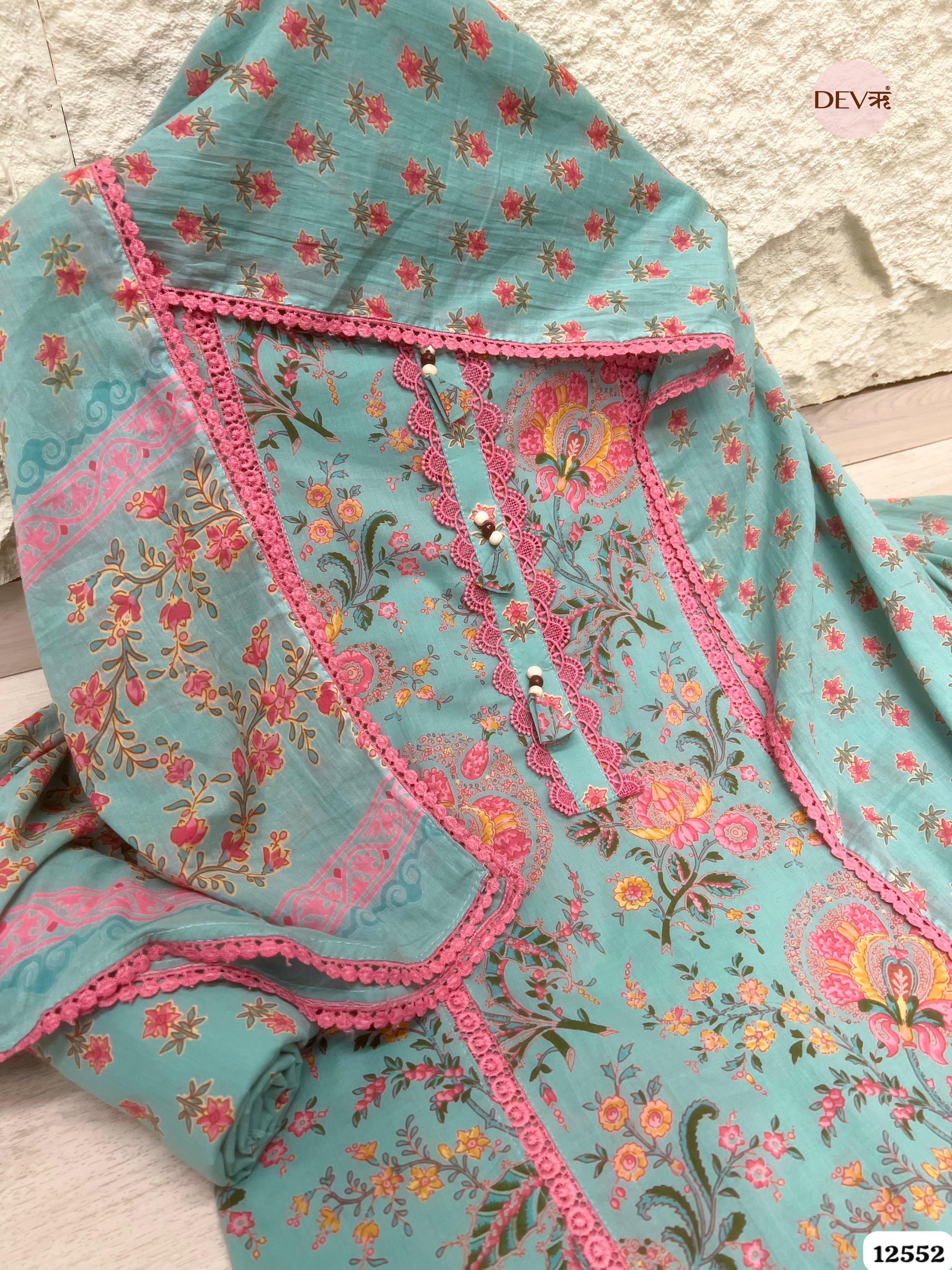 Aqua Blue Pure Cotton Floral Printed Unstitched 3-Piece Suit (Devri – D.No 12552)