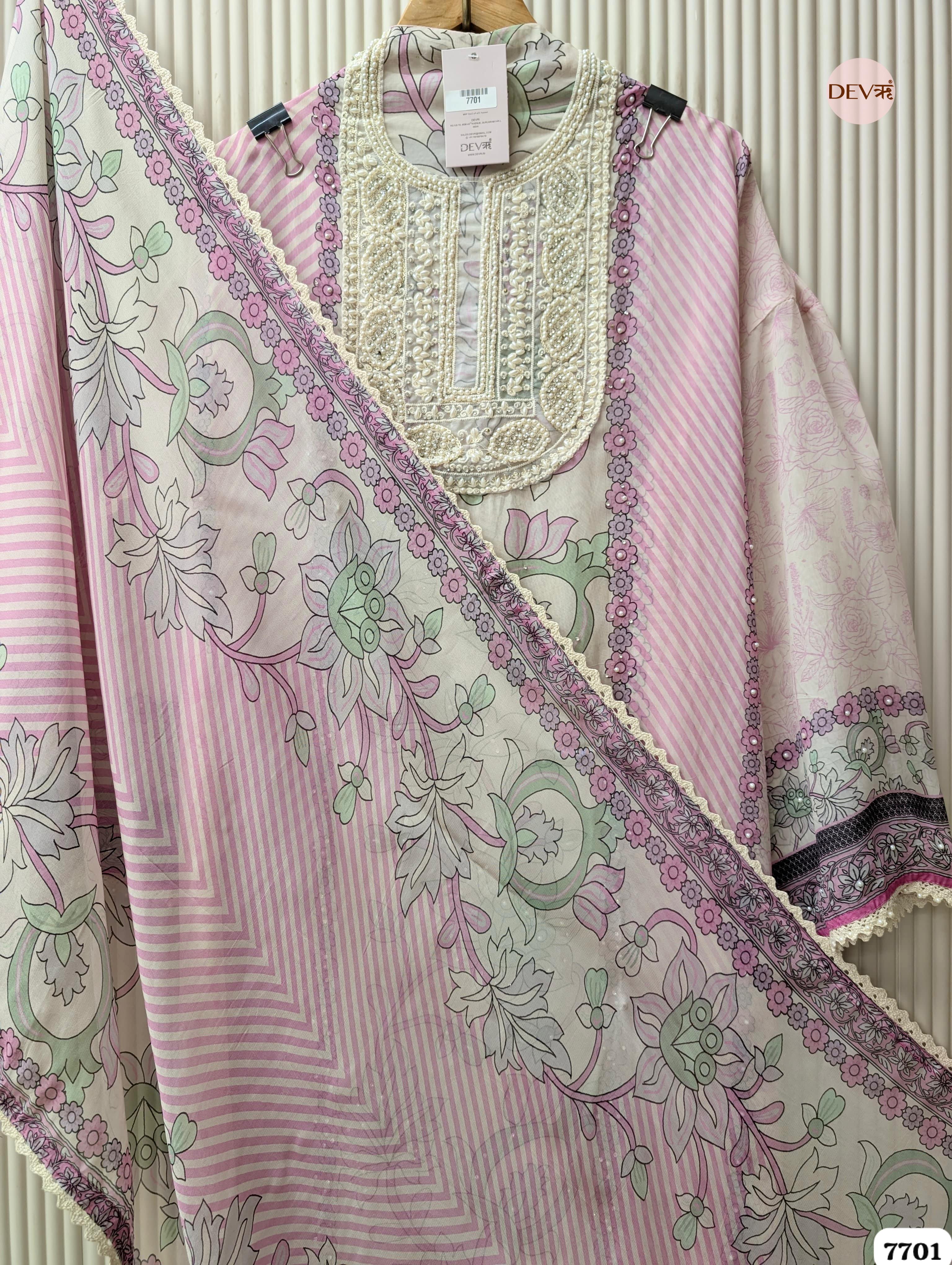 Pink & Mint Organza Silk Printed Unstitched 3-Piece Suit (Devri – D.No. 7701)
