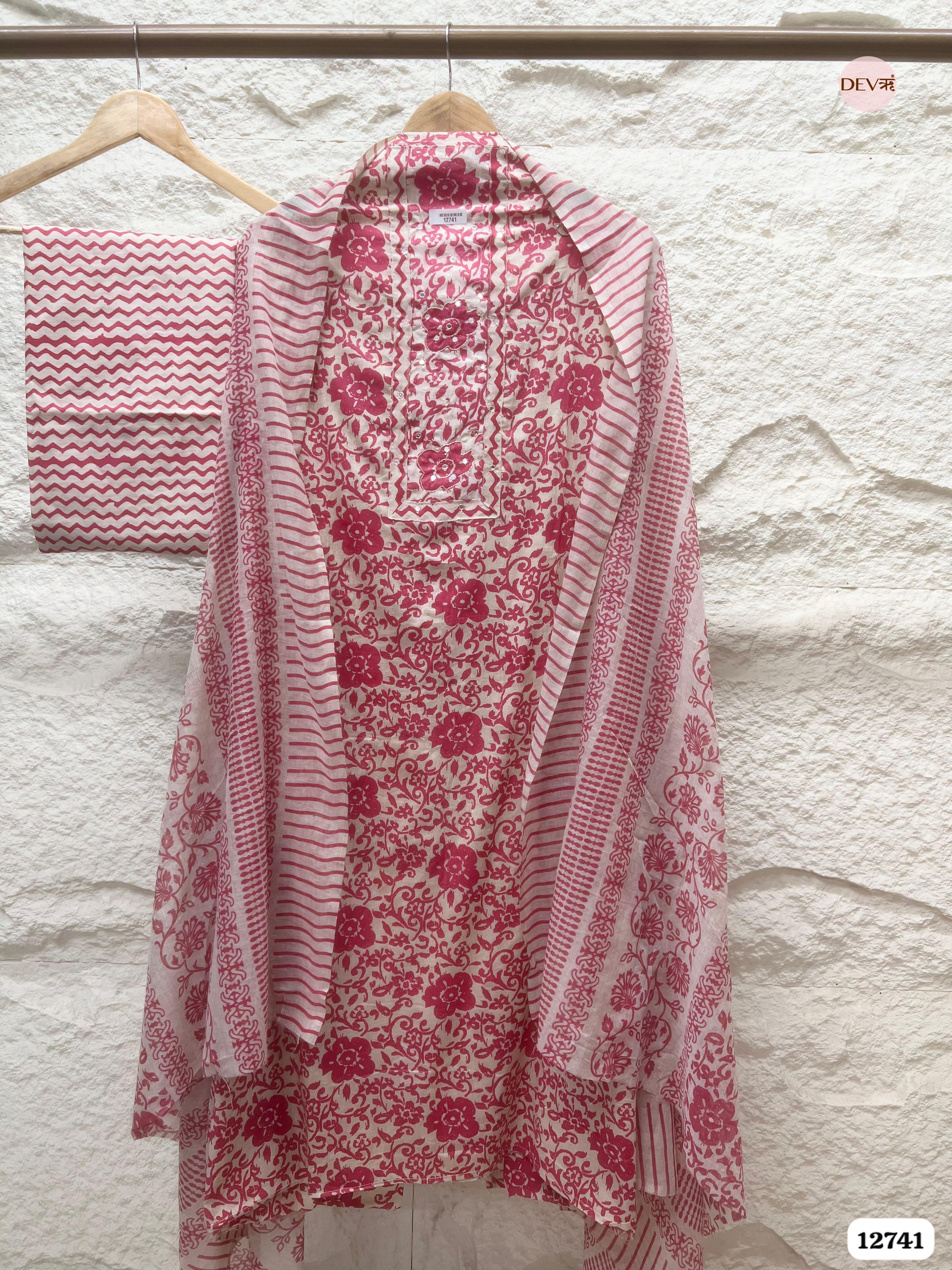 Pink Cotton Printed Unstitched 3-Piece Suit (Devri – D.No 12741)