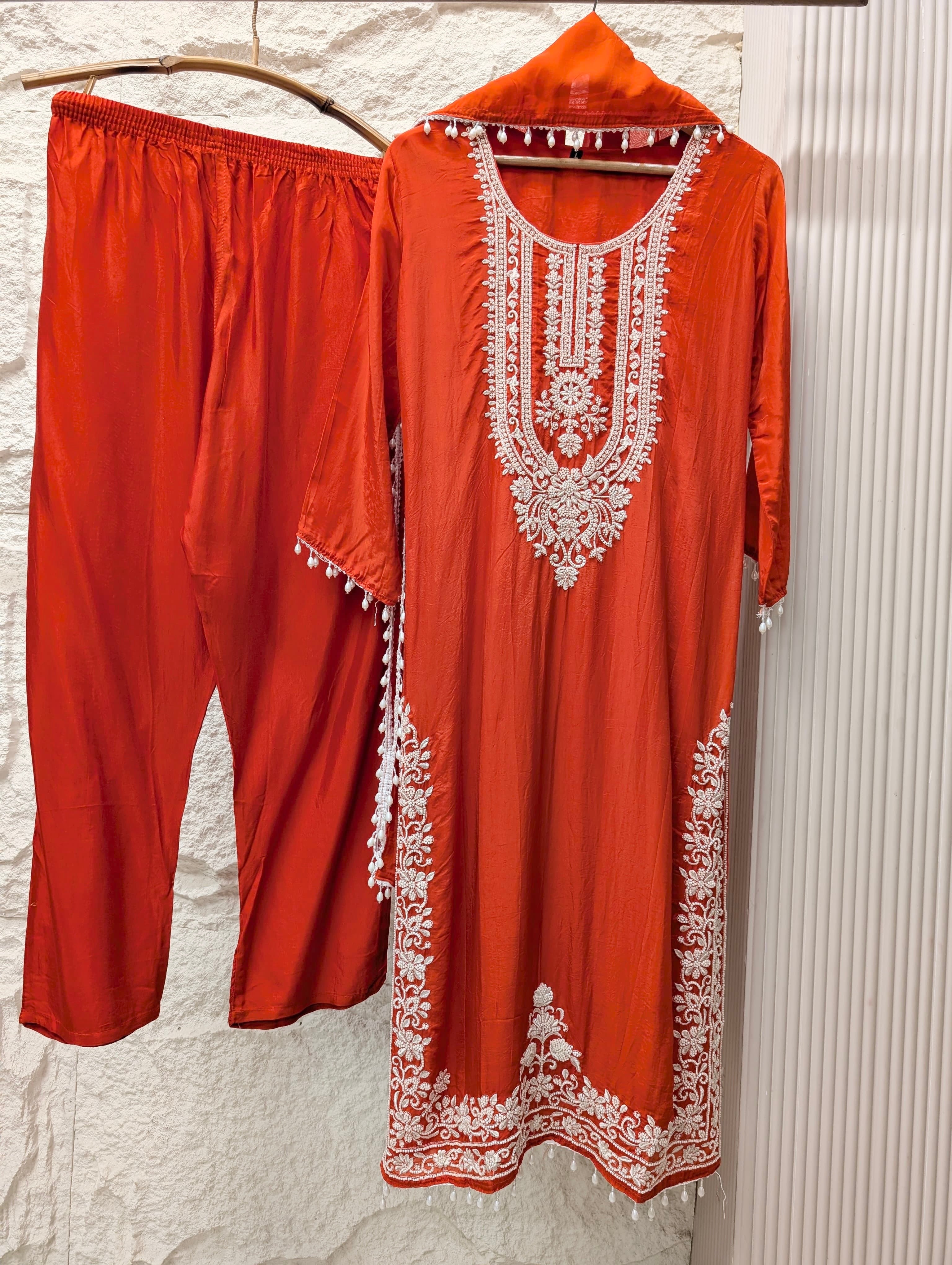 Zarmin Pure organza silk Embroidered Rust 3-Piece Set (Devri – D.No 13790)