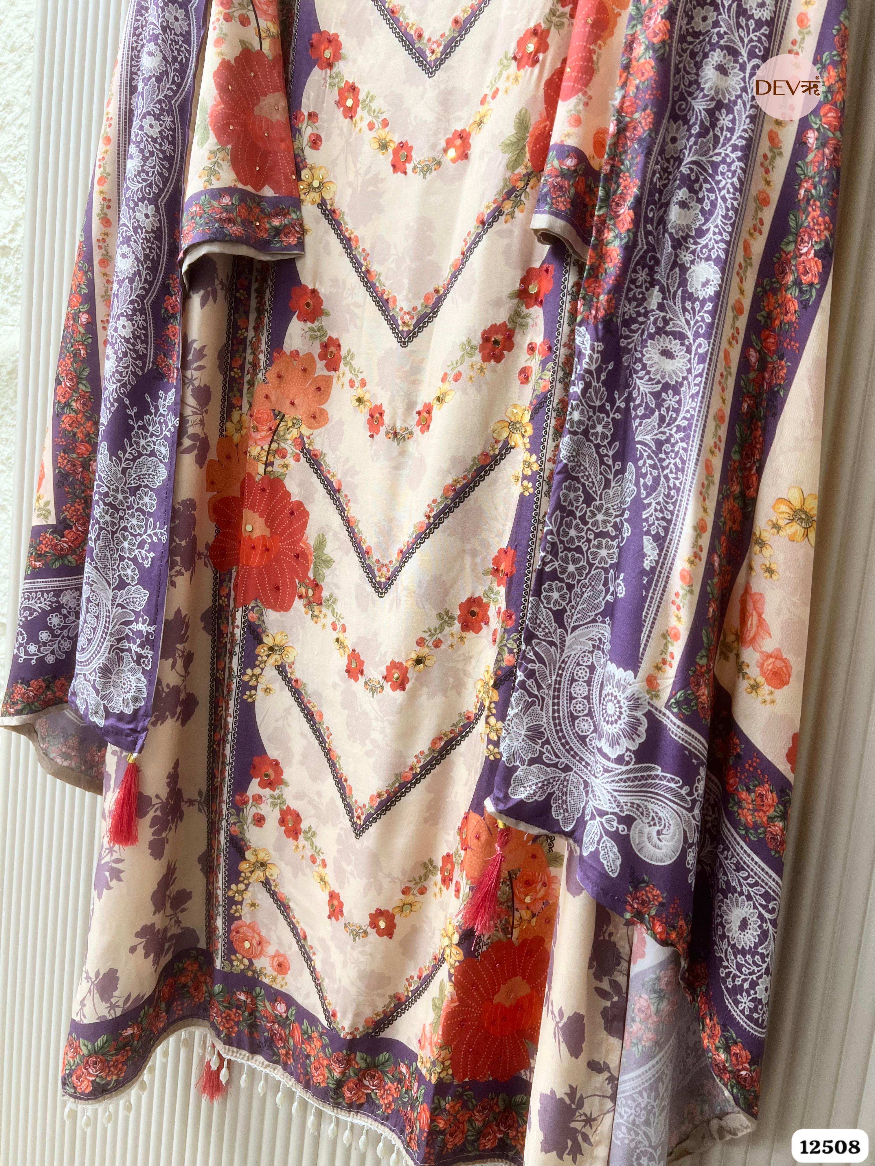 Purple & Cream Muslin Printed Unstitched 3-Piece Suit (Devri – D.No 12508)