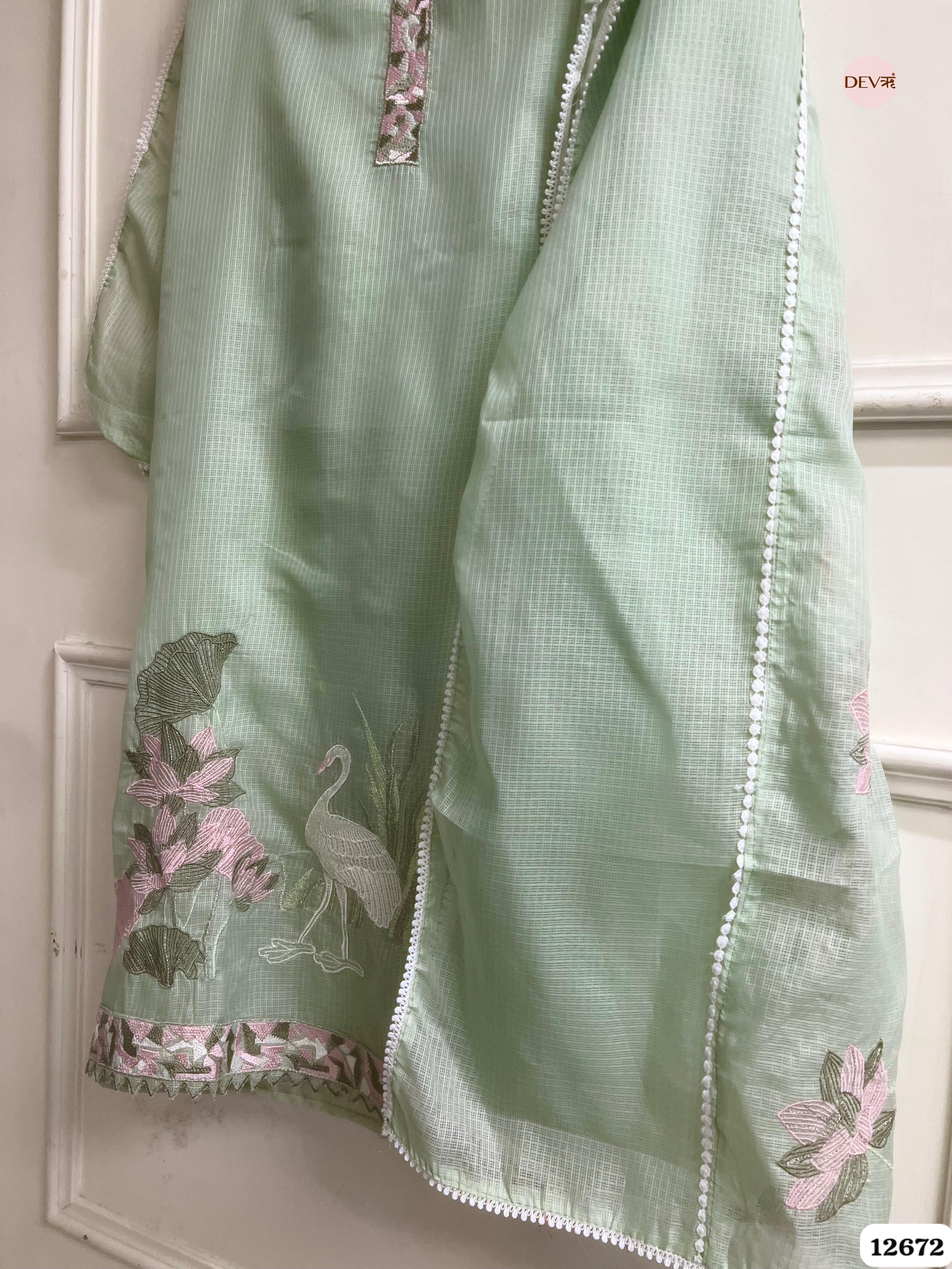 Pista Green Kota Embroidered Unstitched 3-Piece Suit (Devri – D.No 12672)
