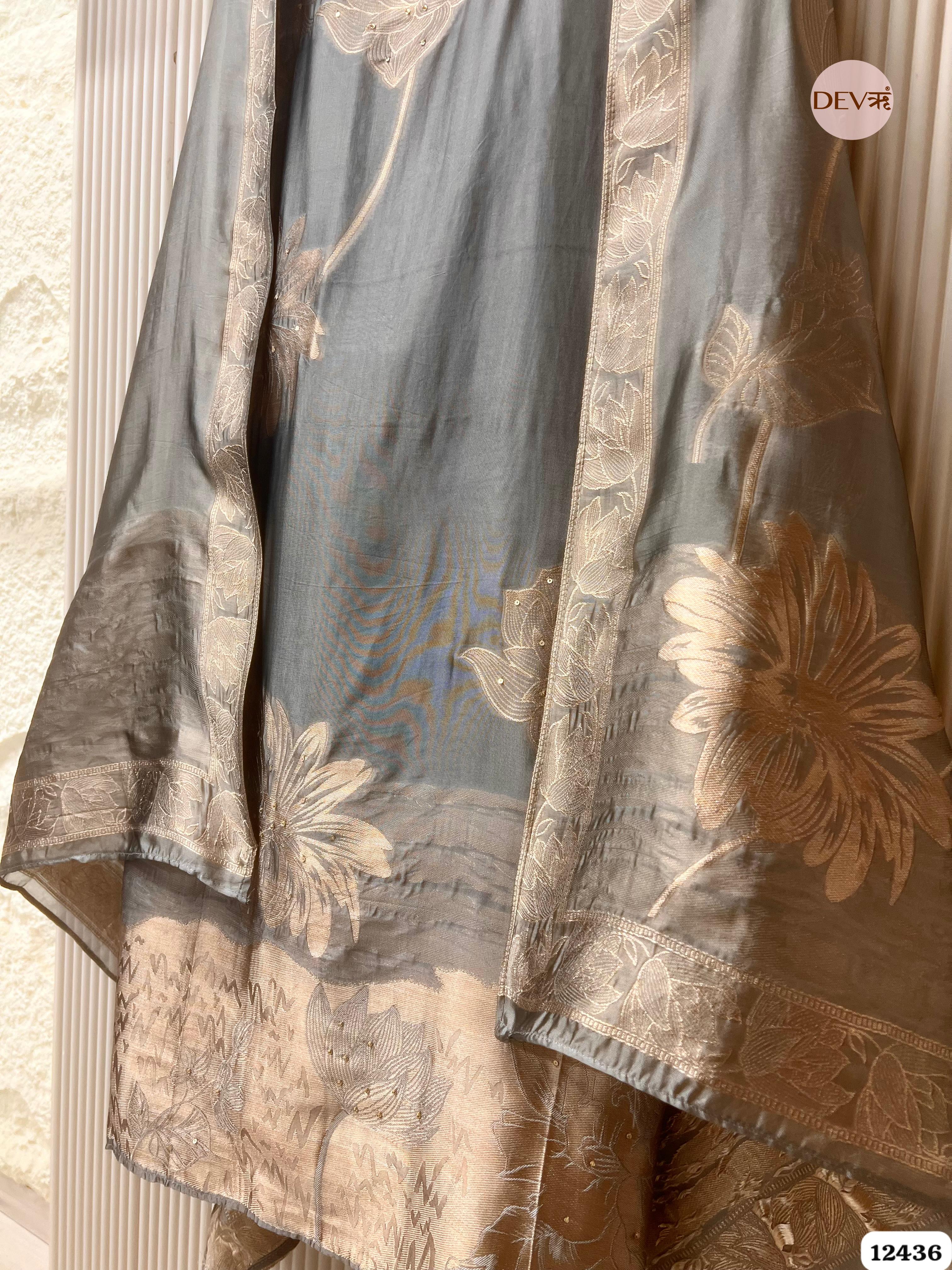 Steel Grey Banarasi Silk Printed Unstitched 3-Piece Suit (Devri – D.No. 12436)