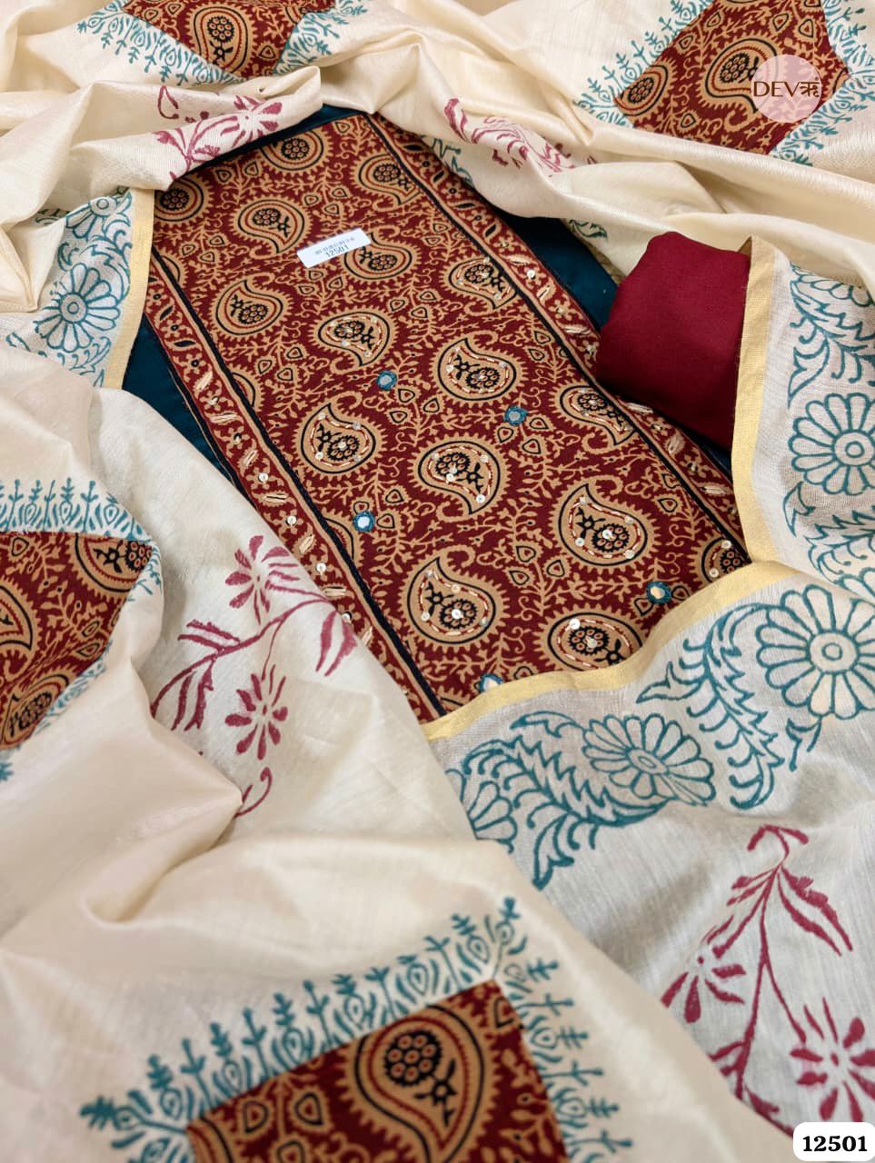 Teal Green Cotton Printed Unstitched 3-Piece Suit (Devri – D.No. 12501)