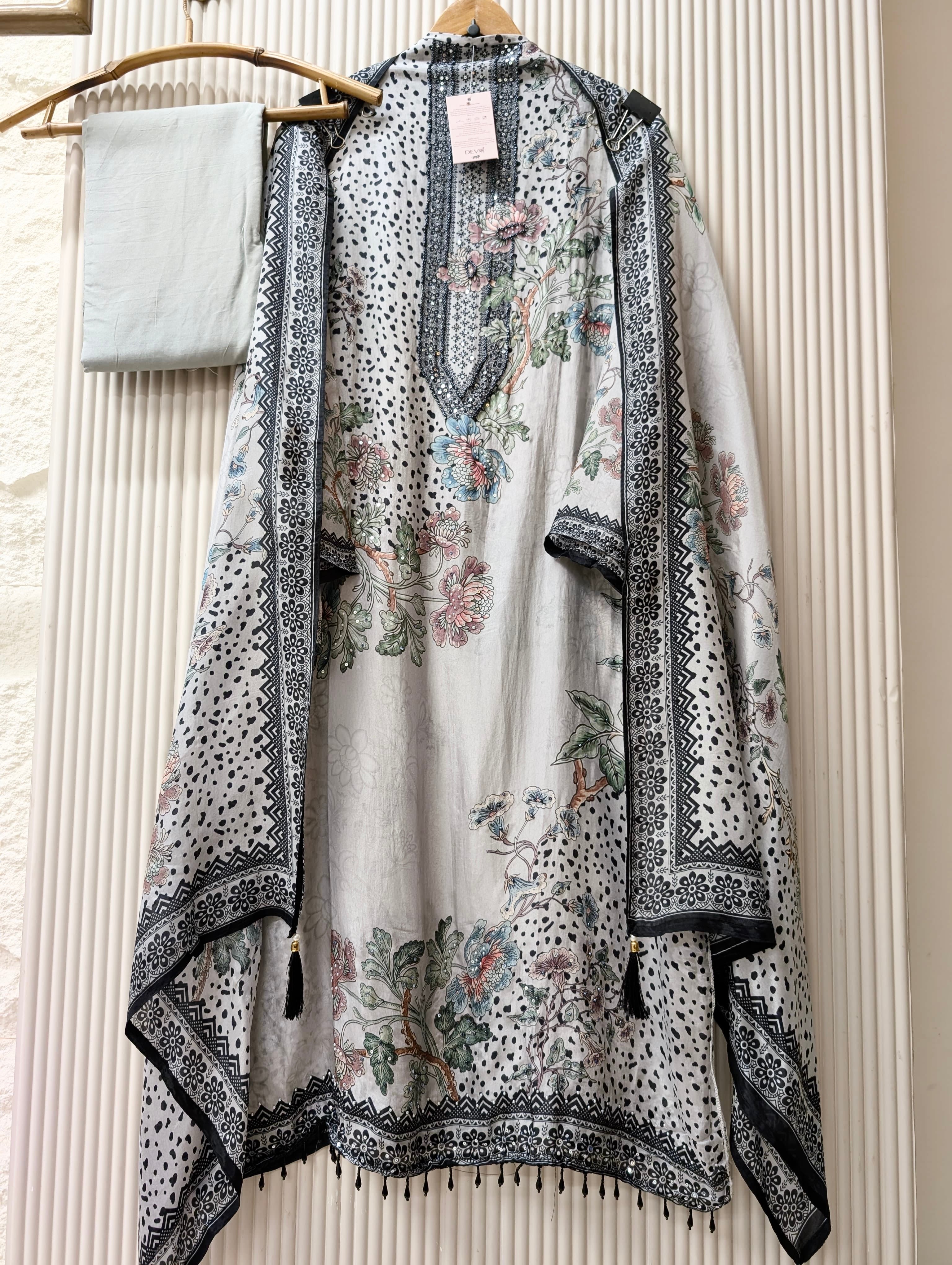 Grey Muslin Blend Printed Unstitched 3-Piece Suit (Devri – D.No 13742)