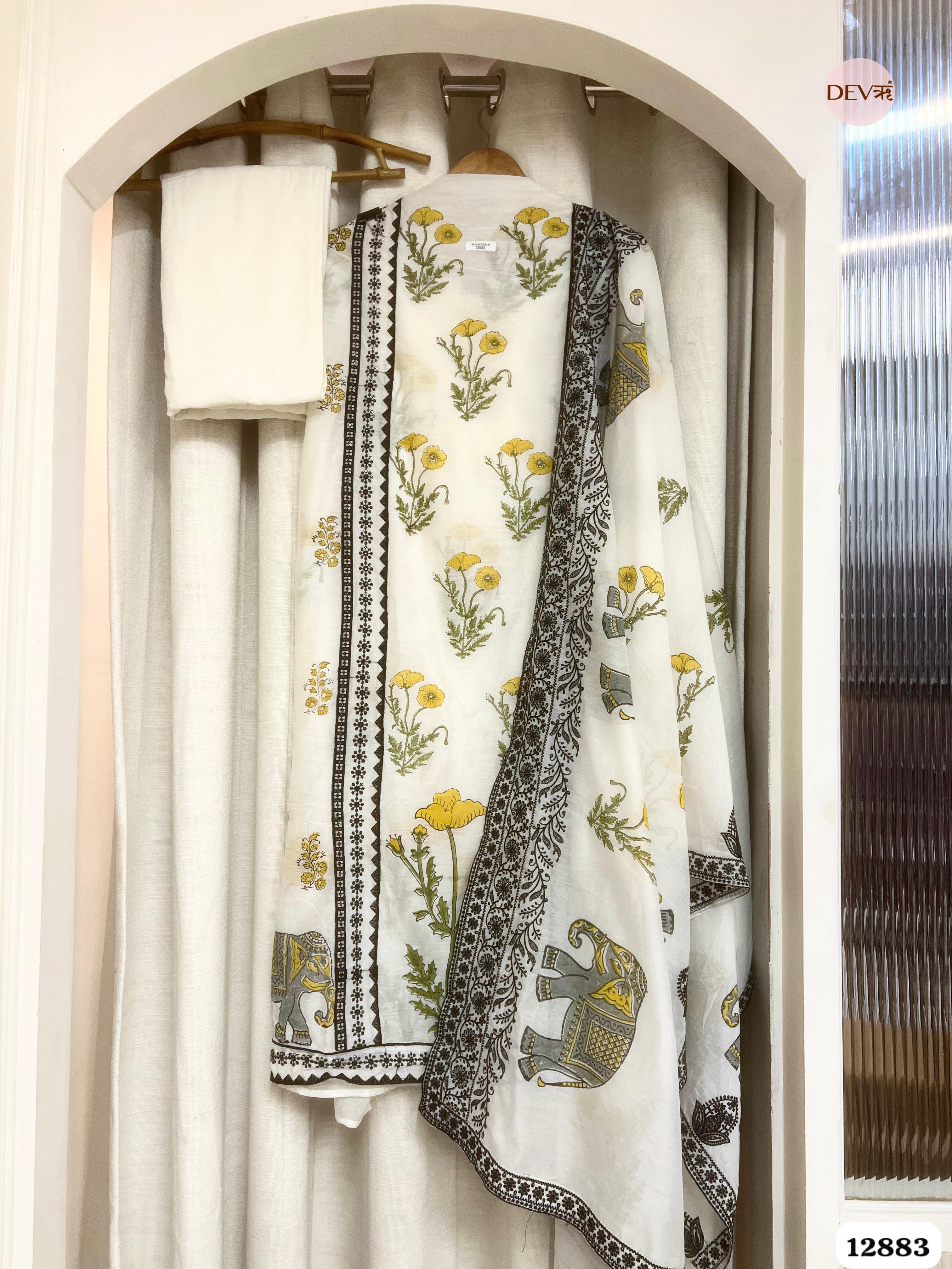 White Mul Chanderi Printed Unstitched 3-Piece Suit (Devri – D.No 12883)