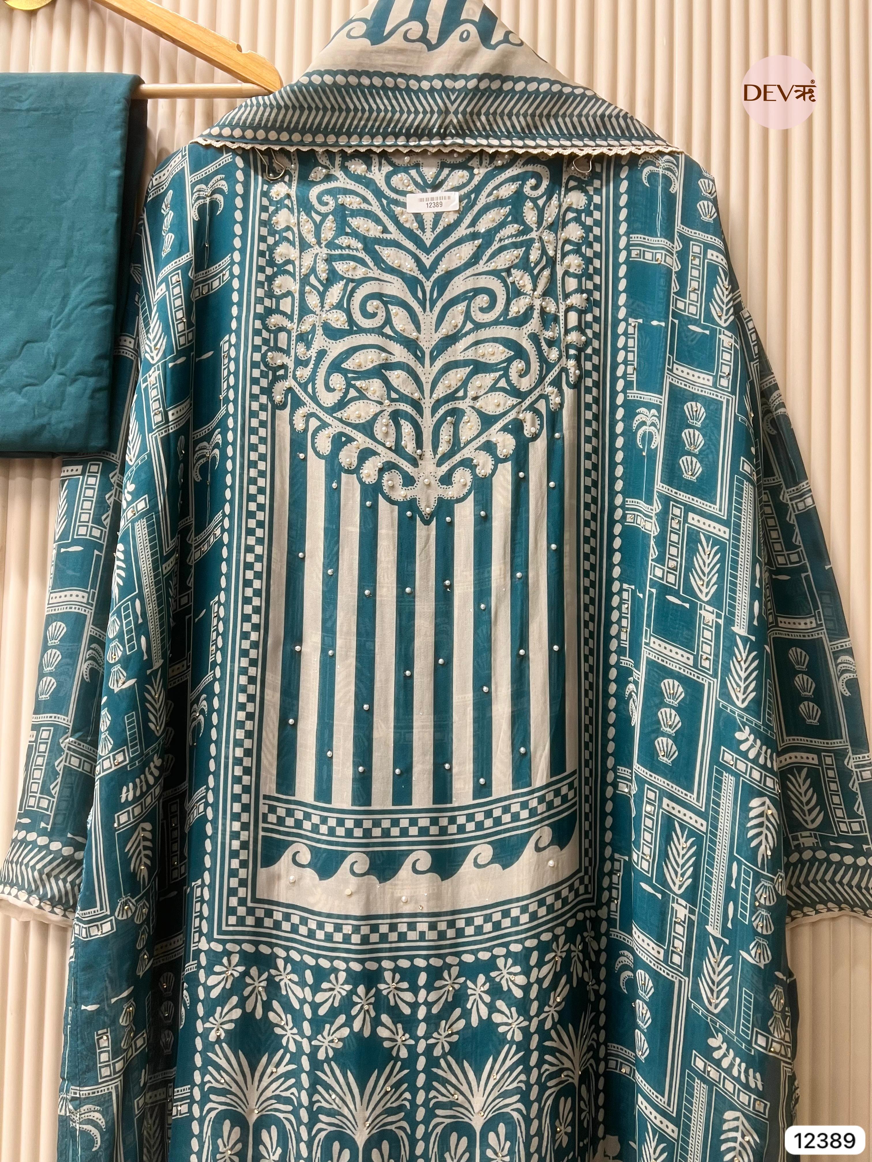 Teal and White Organza Printed Unstitched 3-Piece Suit (Devri – D.No 12389)