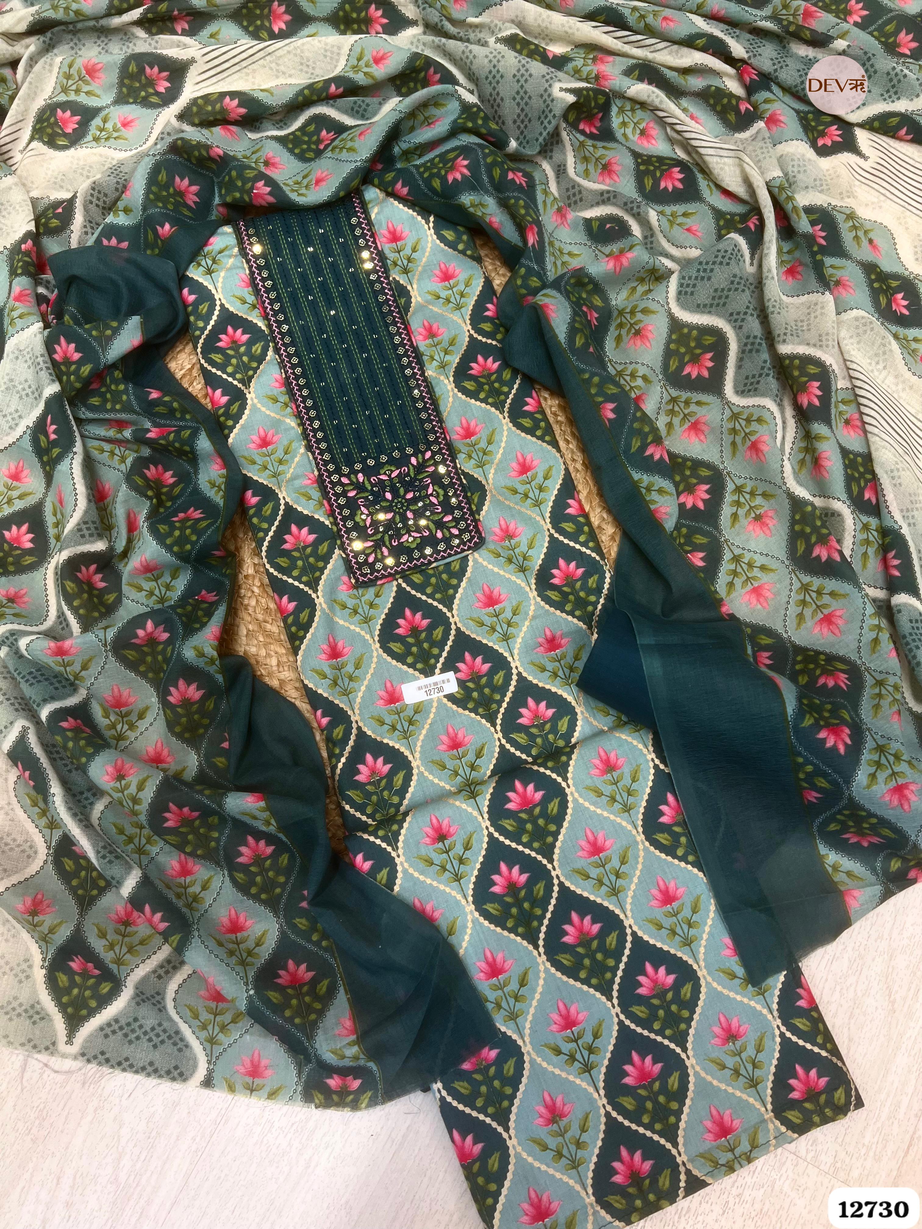 Teal Blue Cotton Embroidered Unstitched 3-Piece Suit (Devri – D.No 12730)
