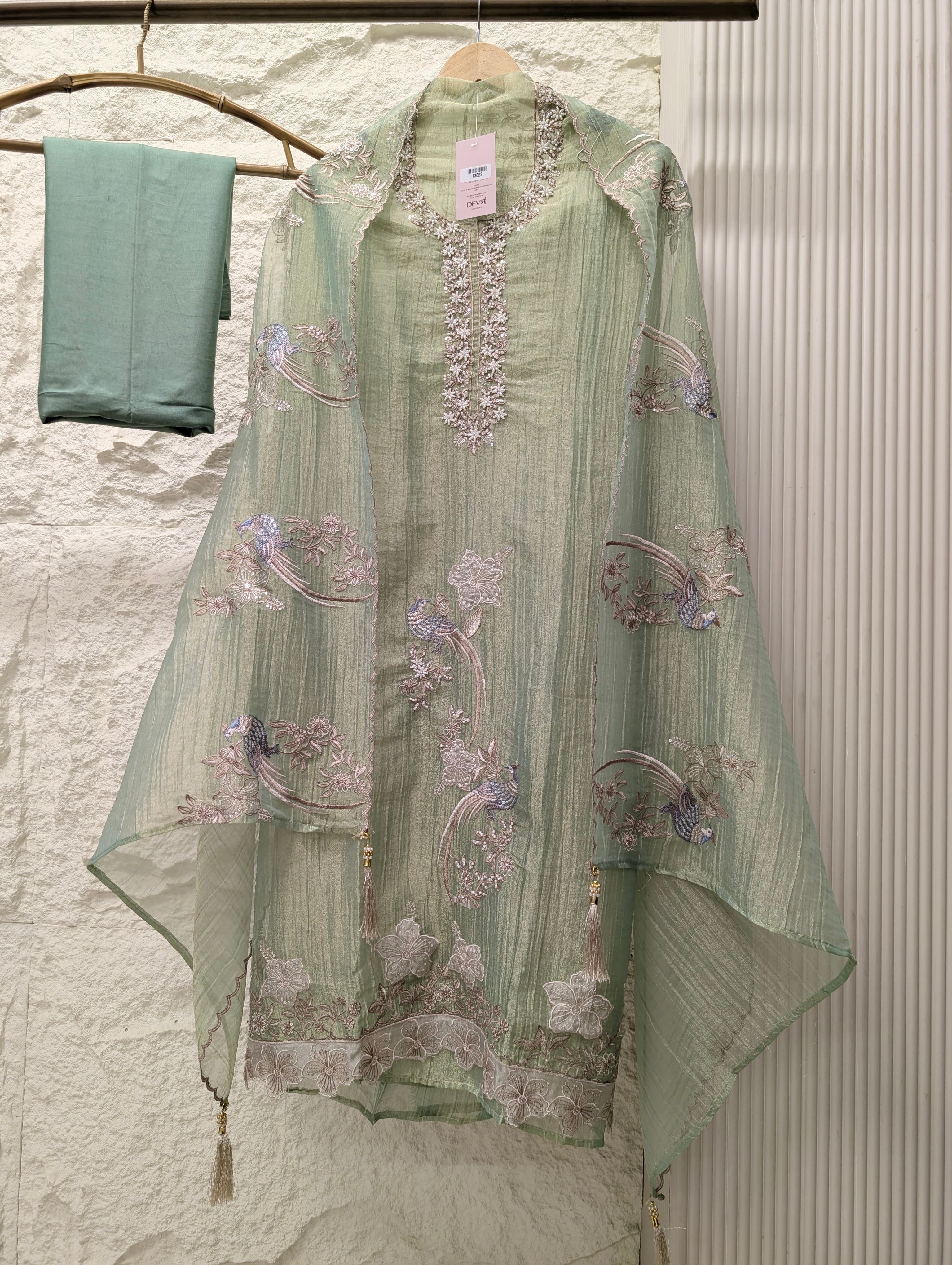 Green Tissue Crush Silk Embroidered Unstitched 3-Piece Suit (Devri – D.No 13622)