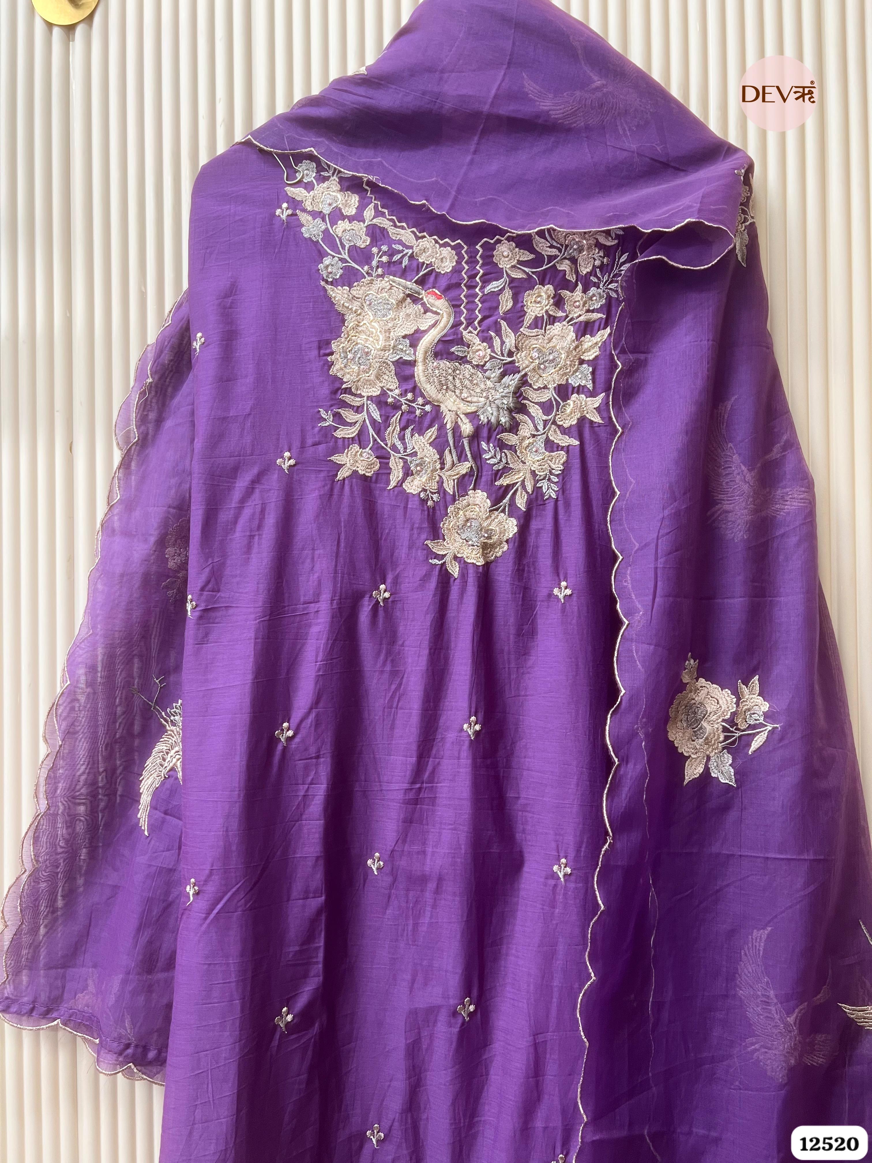 Royal Purple Pure Mul Chanderi Embroidered Unstitched 3-Piece Suit (Devri – D.No . 12520)