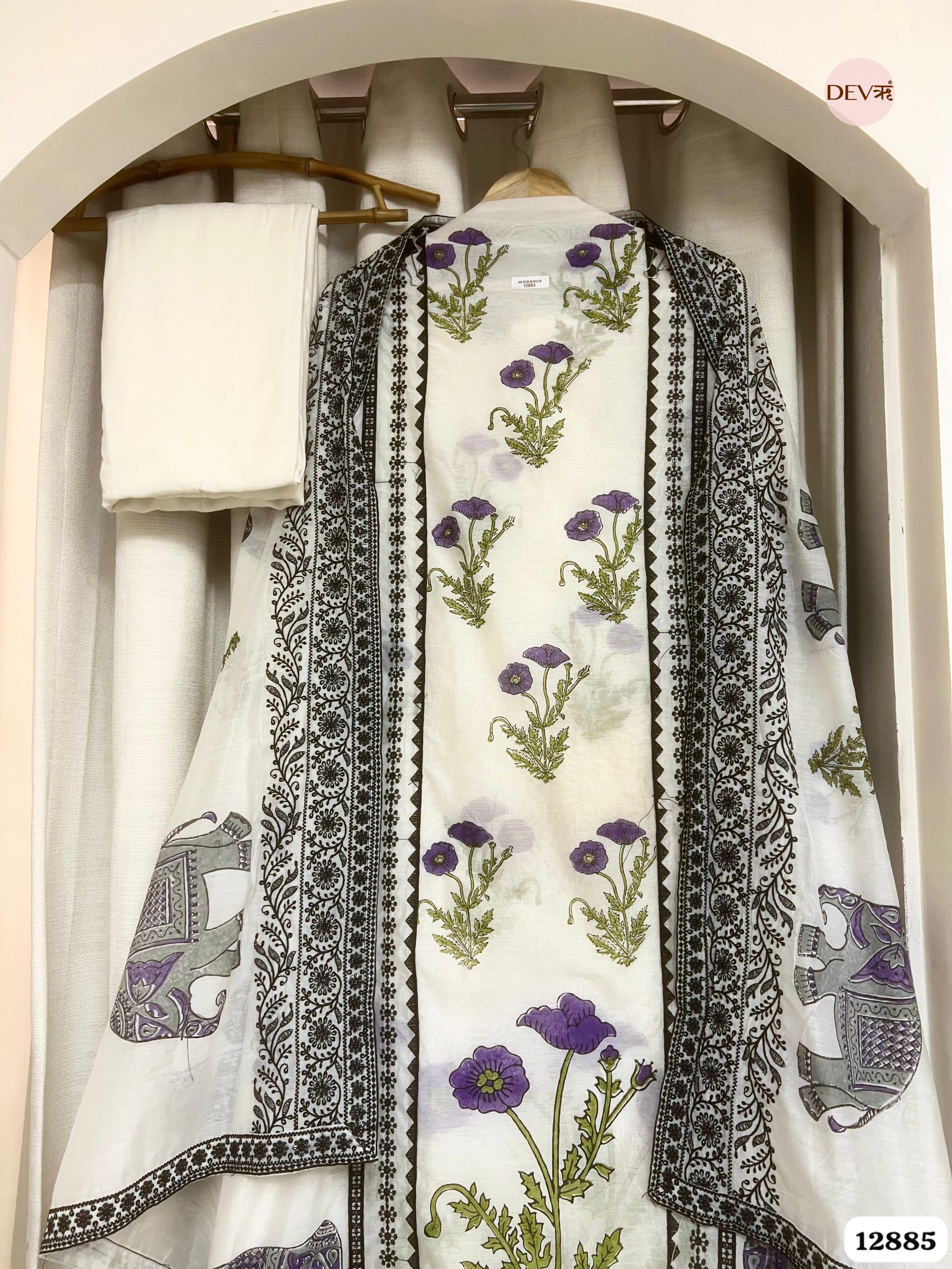 White Mul Chanderi Printed Unstitched 3-Piece Suit (Devri – D.No 12885)