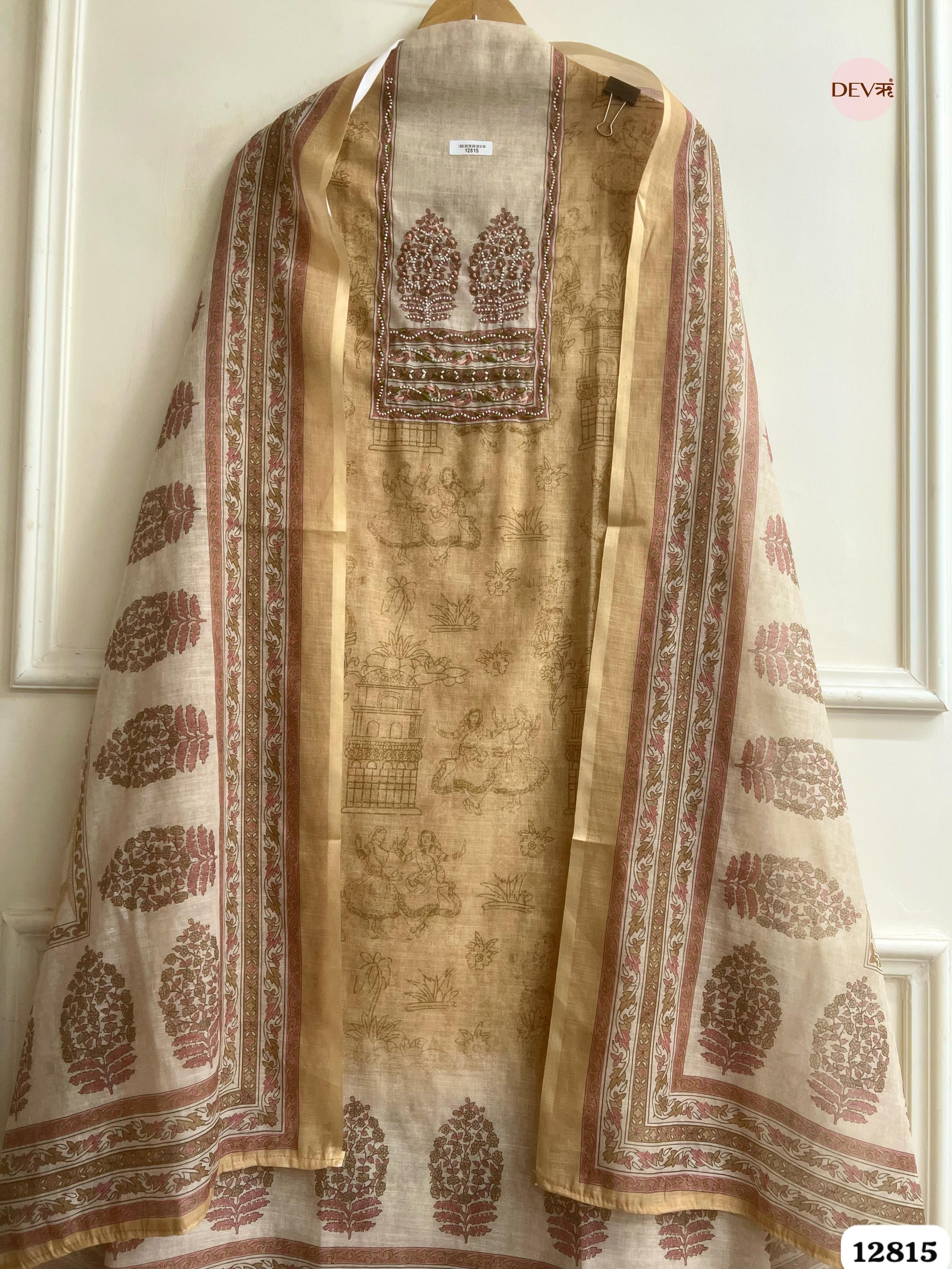 Beige Linen Cotton Printed Unstitched 3-Piece Suit (Devri – D.No 12815)