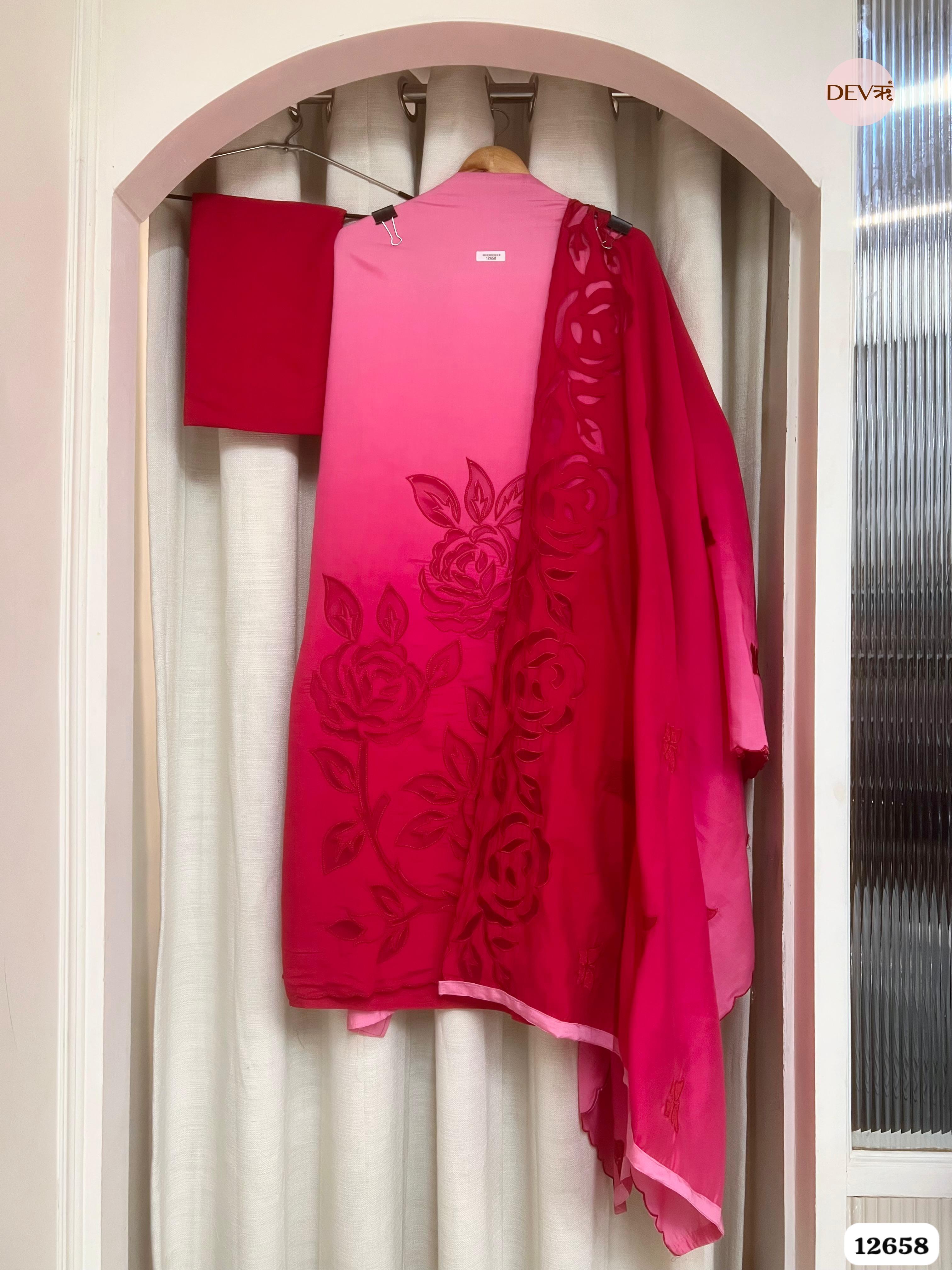 Ombre Pink Mul Chanderi Embroidered Unstitched 3-Piece Suit (Devri – D.No 12658)