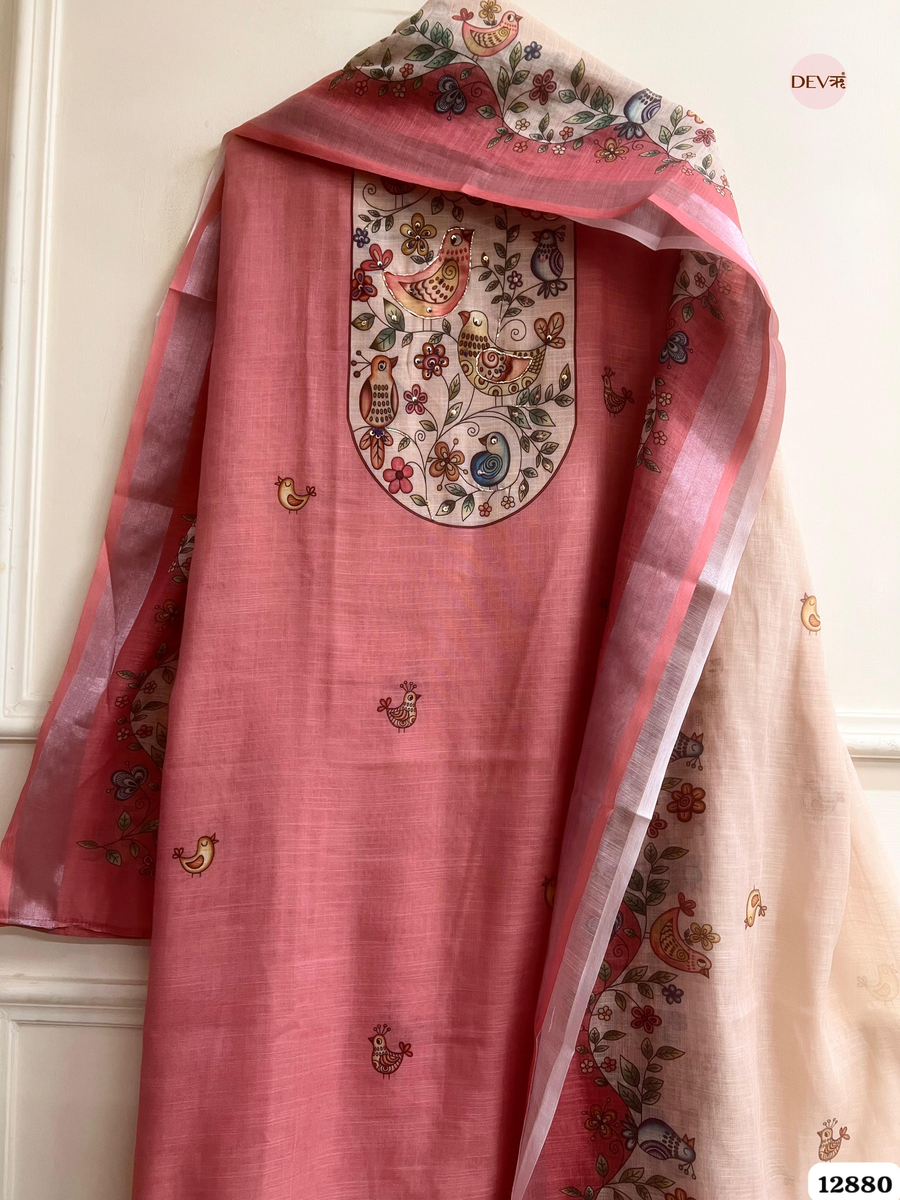 Pink Linen Cotton Printed Unstitched 3-Piece Suit (Devri – D.No 12880)