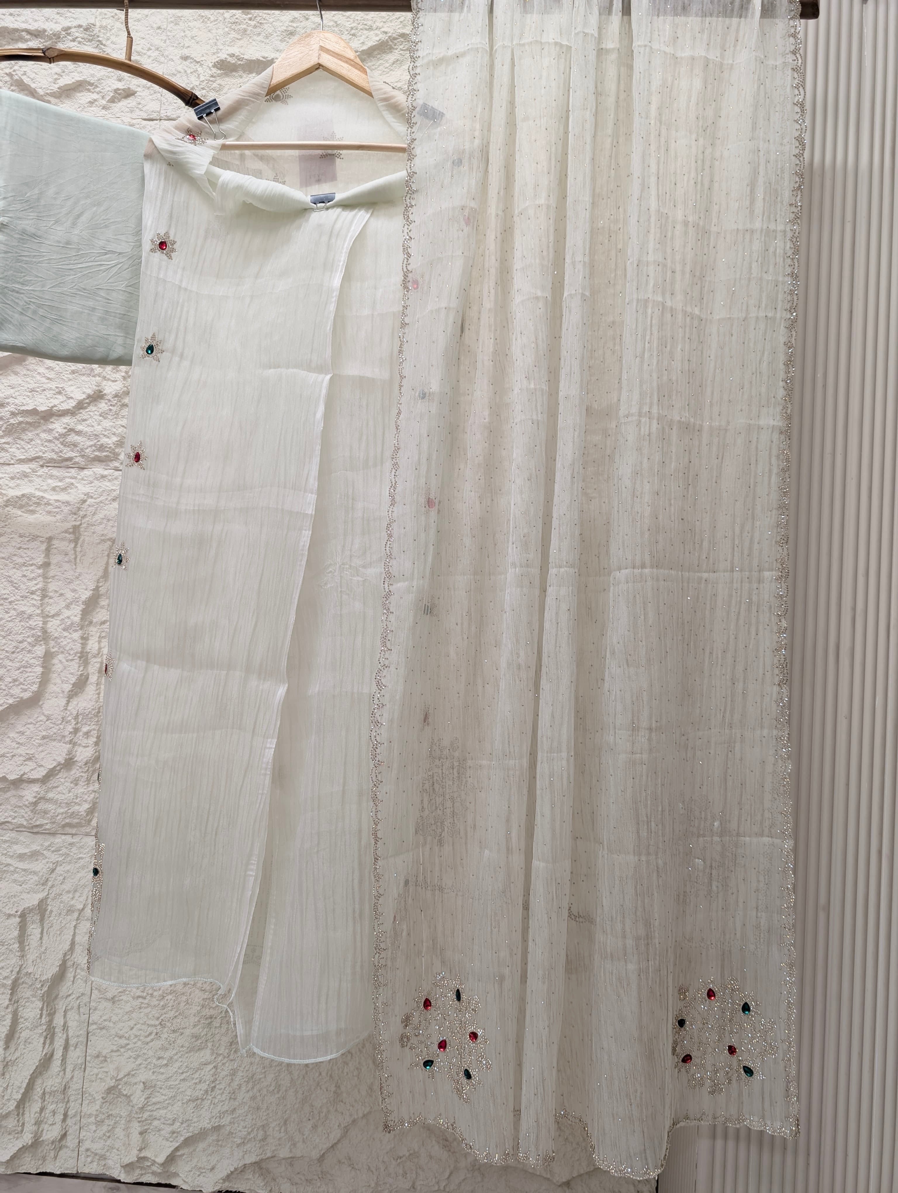 Off White Pure Organza Silk Embroidered Unstitched 3-Piece Suit (Devri – D.No 13634)