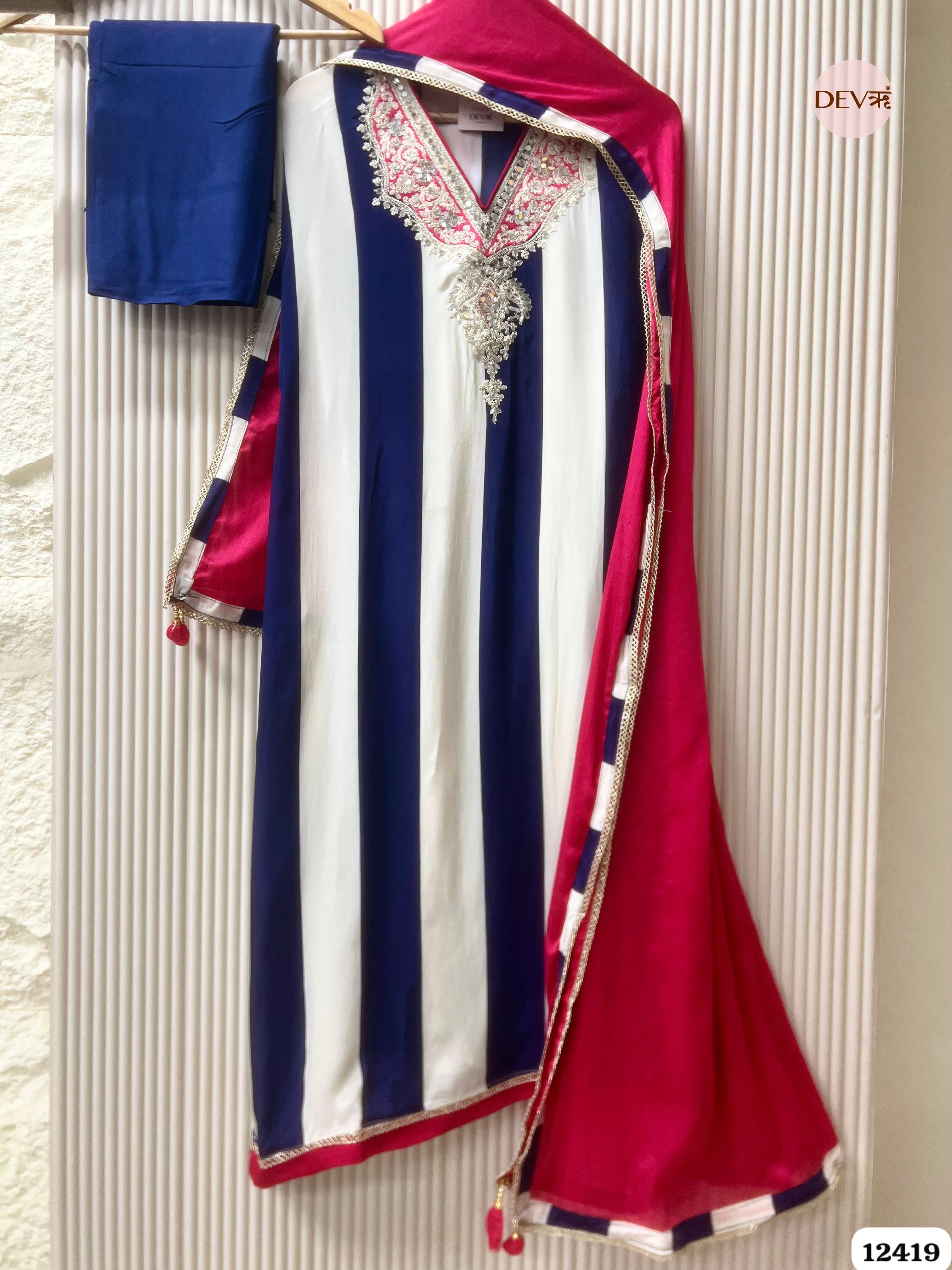 Ivory & Navy Natural Crepe Embroidered Unstitched 3-Piece Suit (Devri – D.No. 12419)