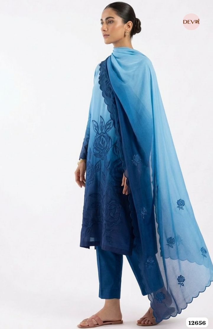 Ombre Blue Mul Chanderi Embroidered Unstitched 3-Piece Suit (Devri – D.No 12656)