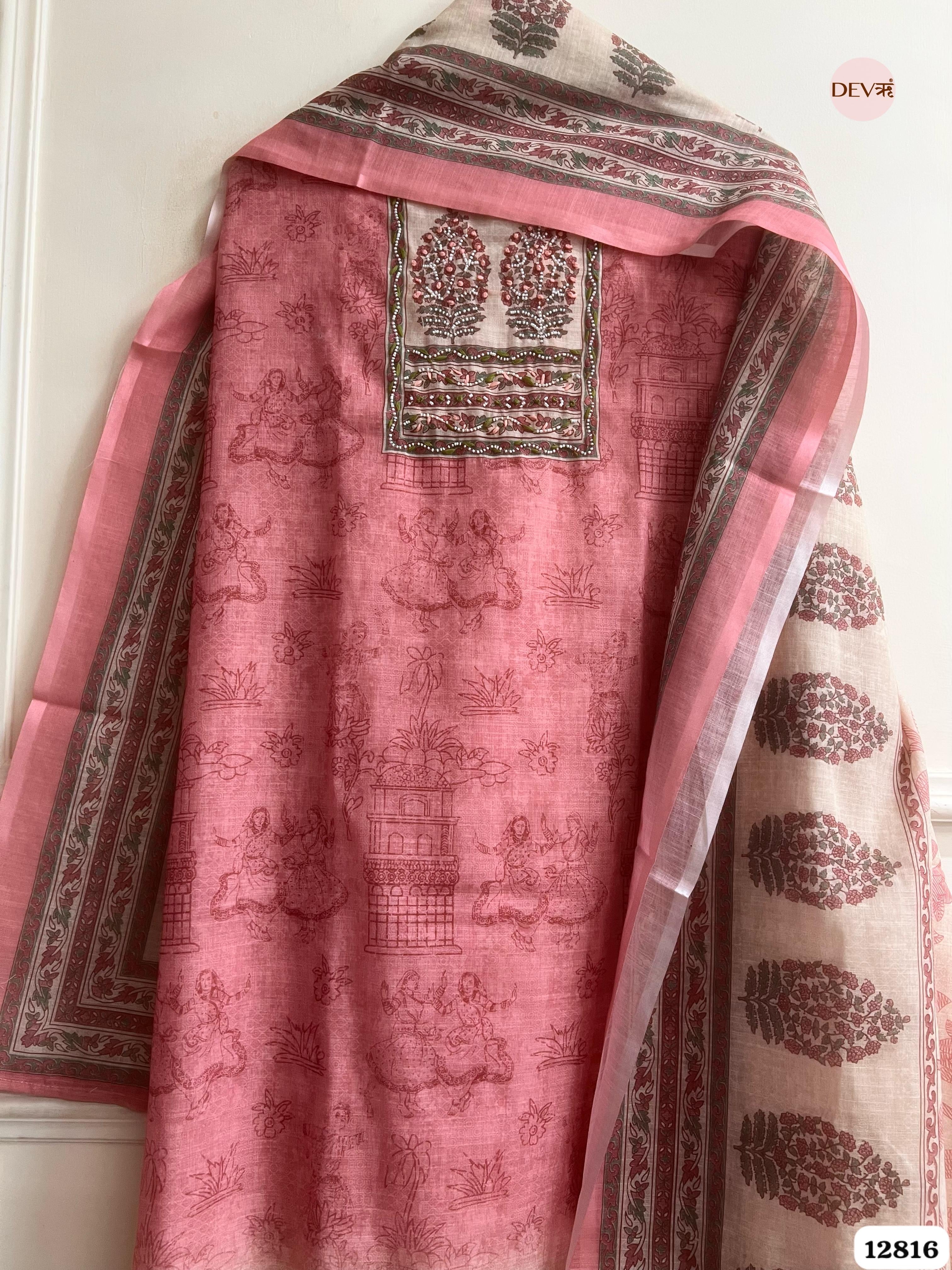 Pink Linen Cotton Printed Unstitched 3-Piece Suit (Devri – D.No 12816)