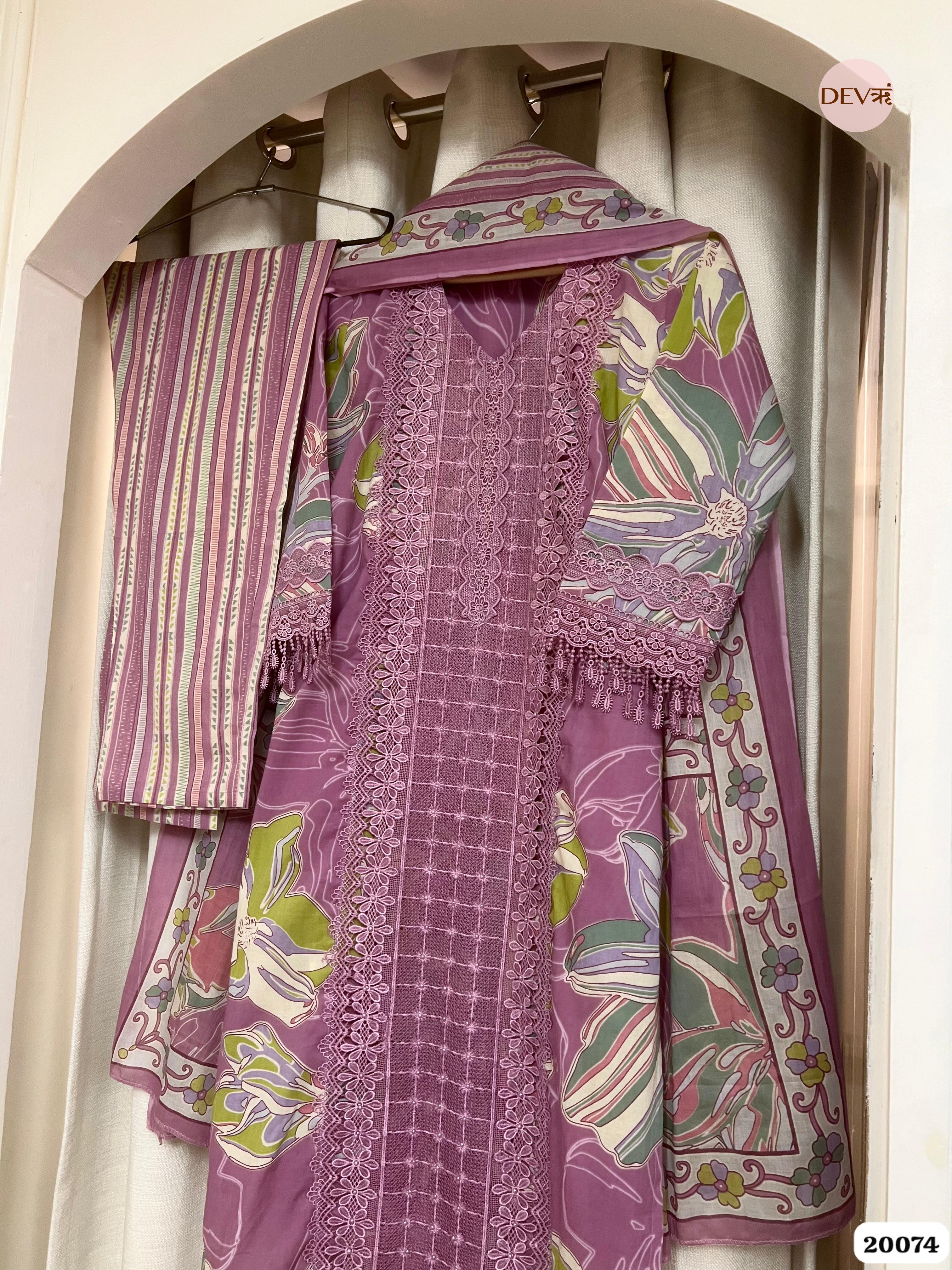 Kavya Cotton Printed Mauve &amp; Sage 3-Piece Set (Devri – D.No 20074)