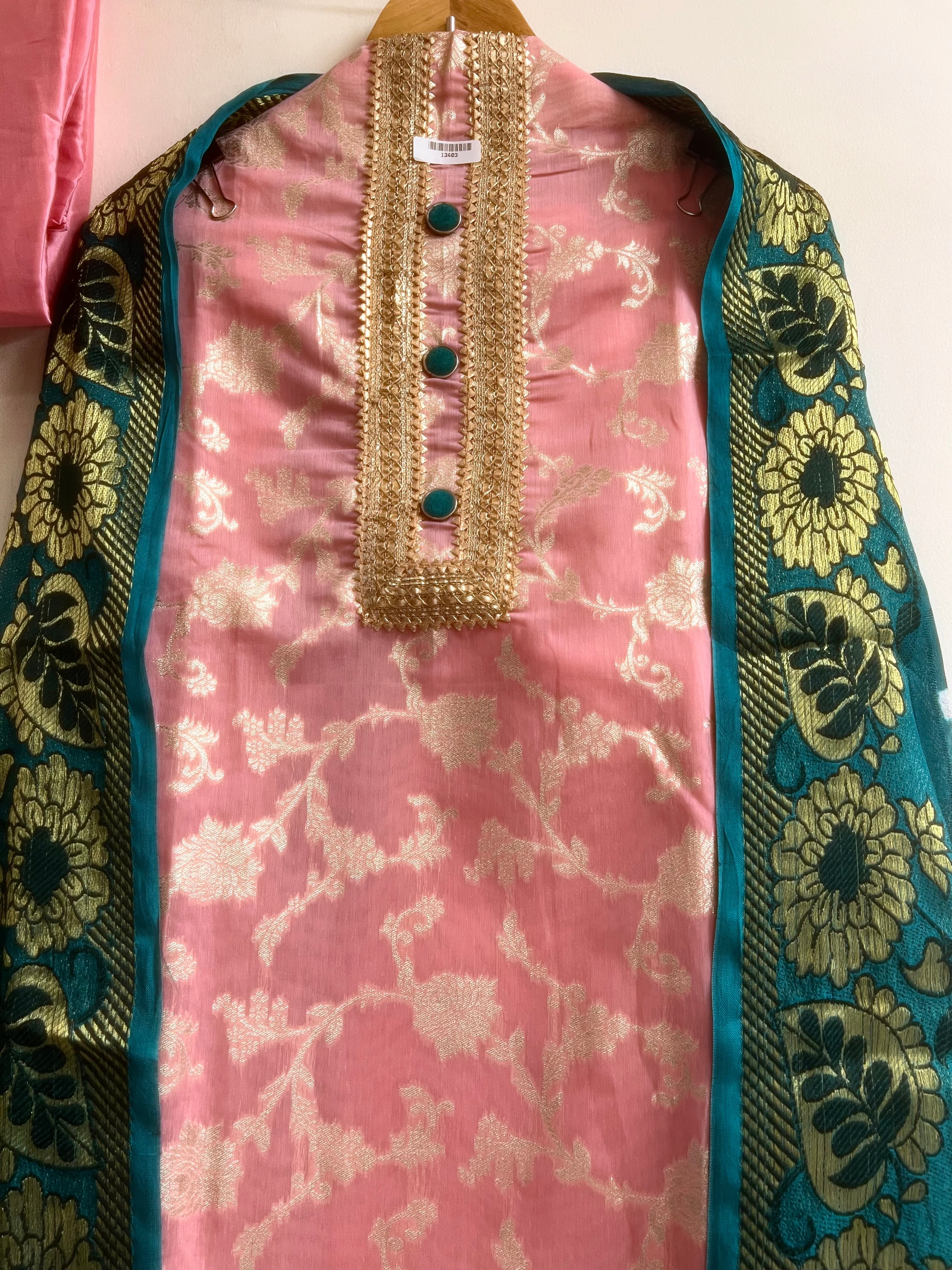 Pink Silk Blend Printed Unstitched 3-Piece Suit (Devri – D.No 13403)