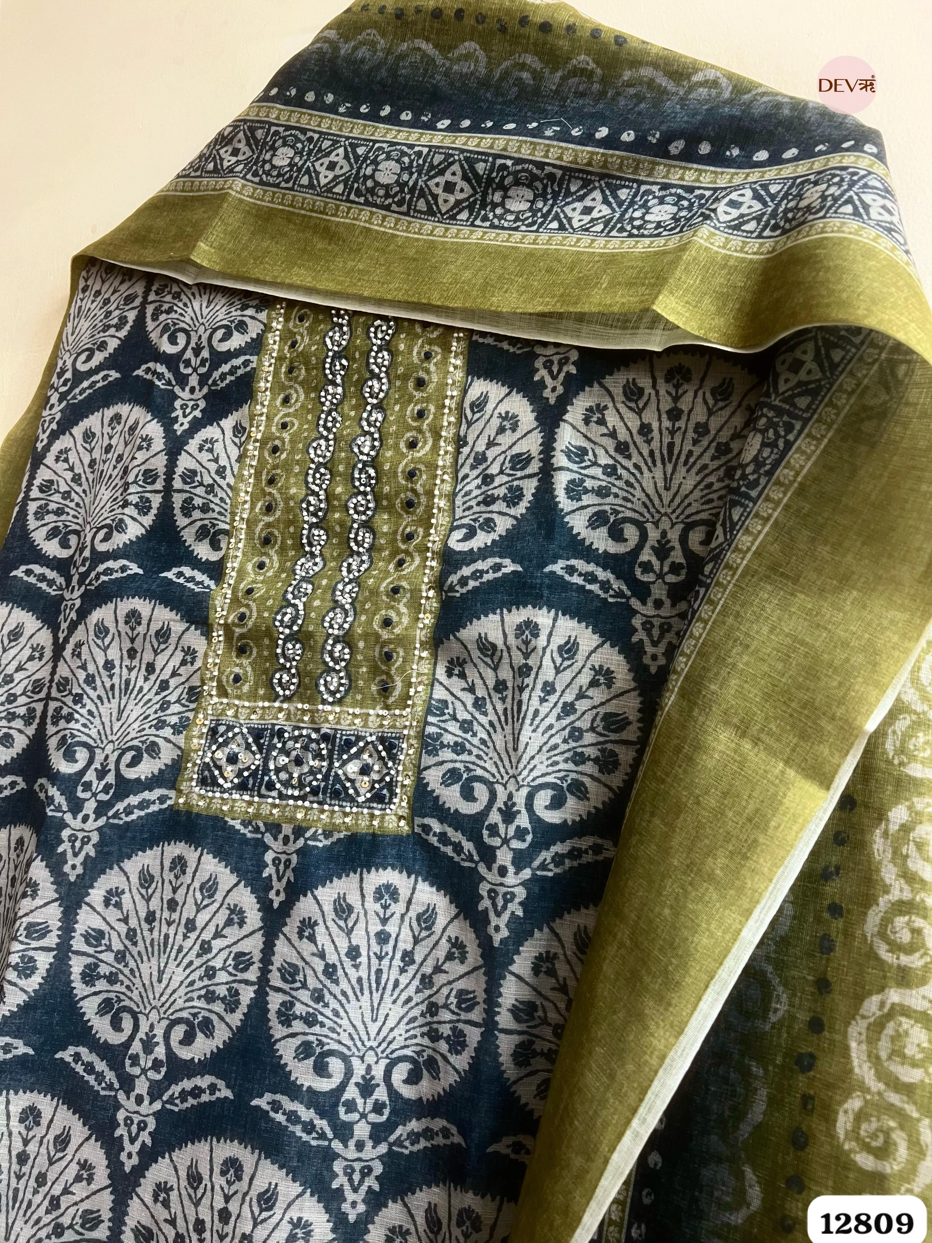 Olive Linen Cotton Printed Unstitched 3-Piece Suit (Devri – D.No 12809)