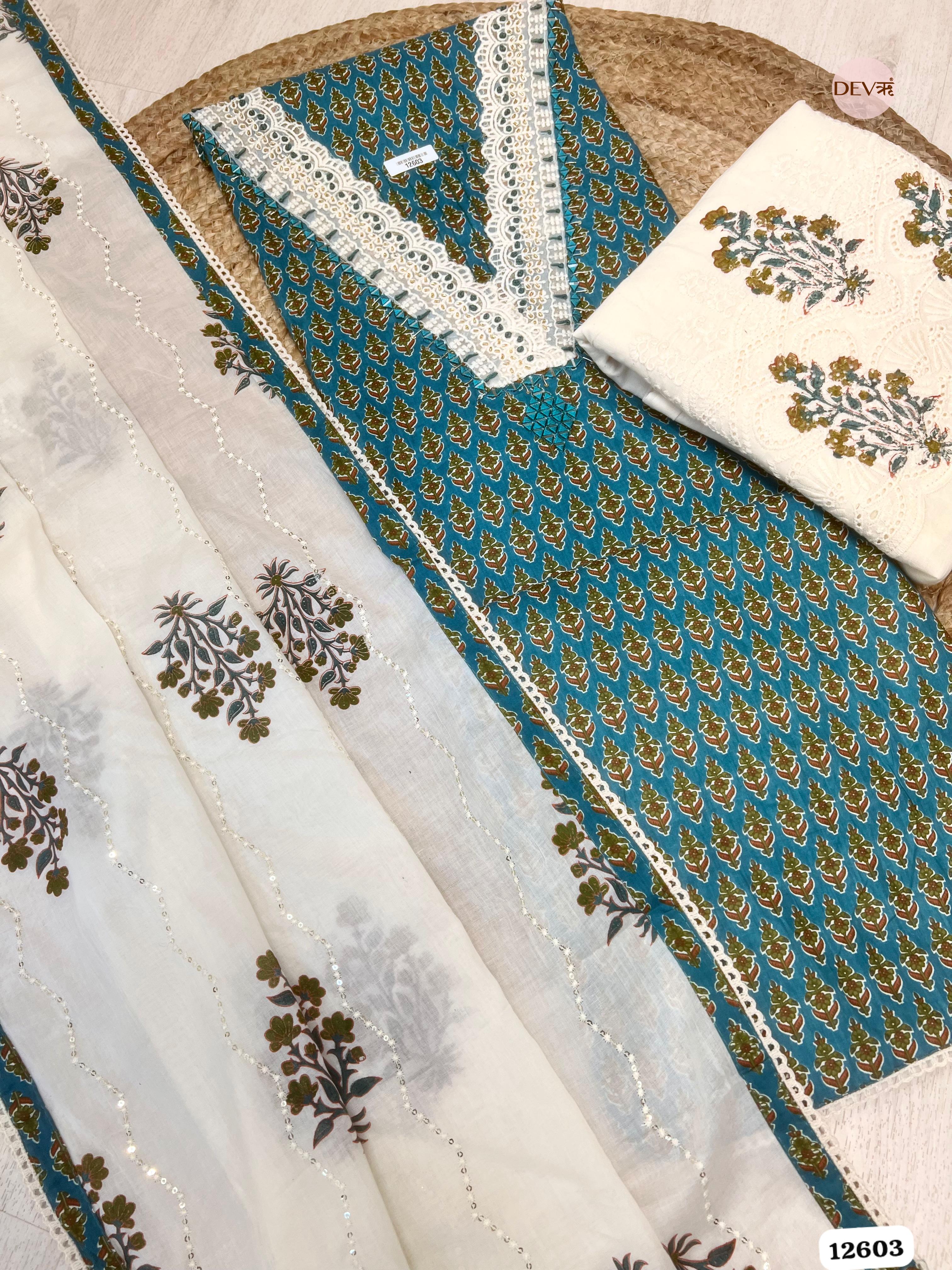 Teal Blue Cotton Printed Unstitched 3-Piece Suit (Devri – D.No 12603)