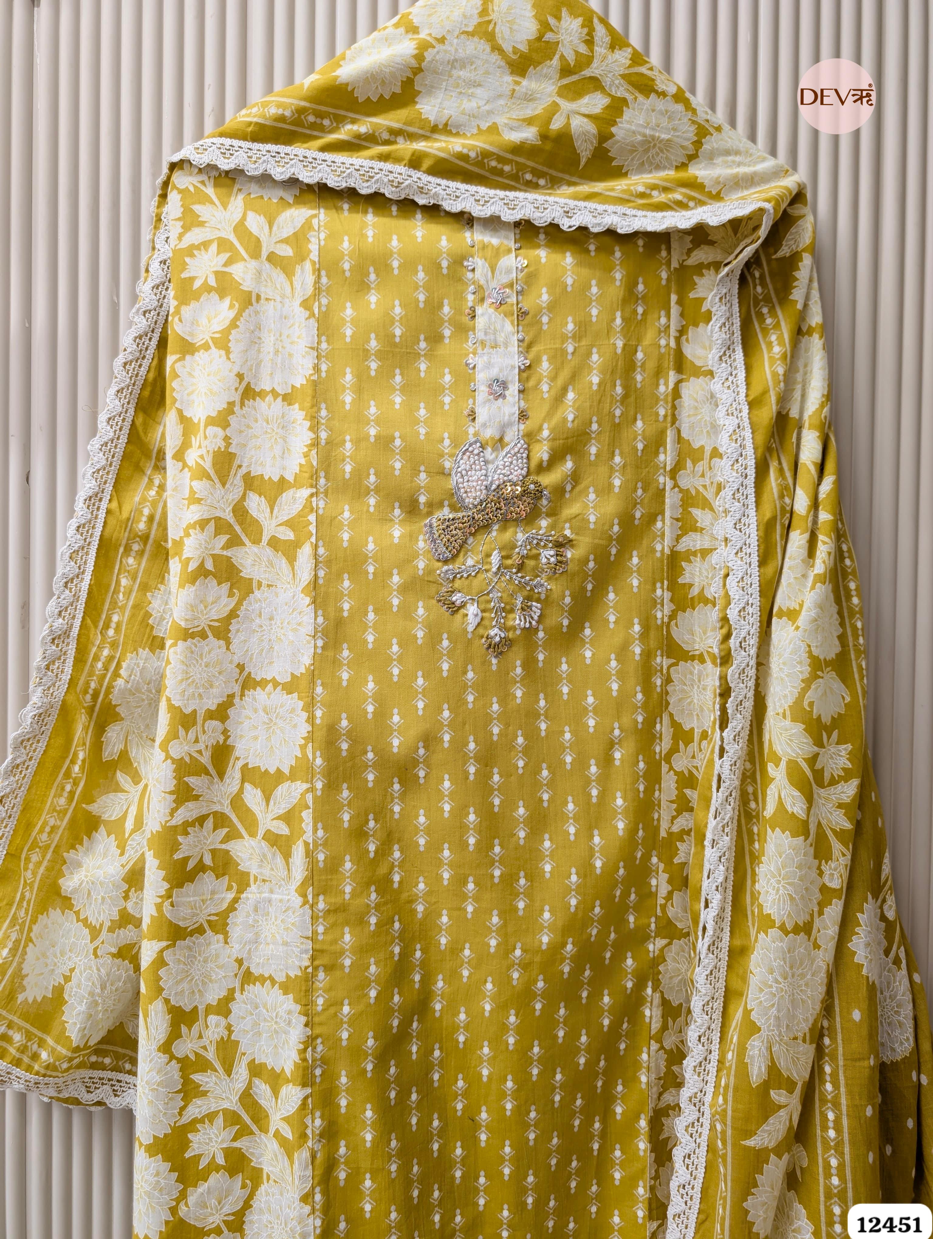 Mustard Yellow Pure Cotton Printed & Embroidered Unstitched 3-Piece Suit (Devri – D.No 12451)