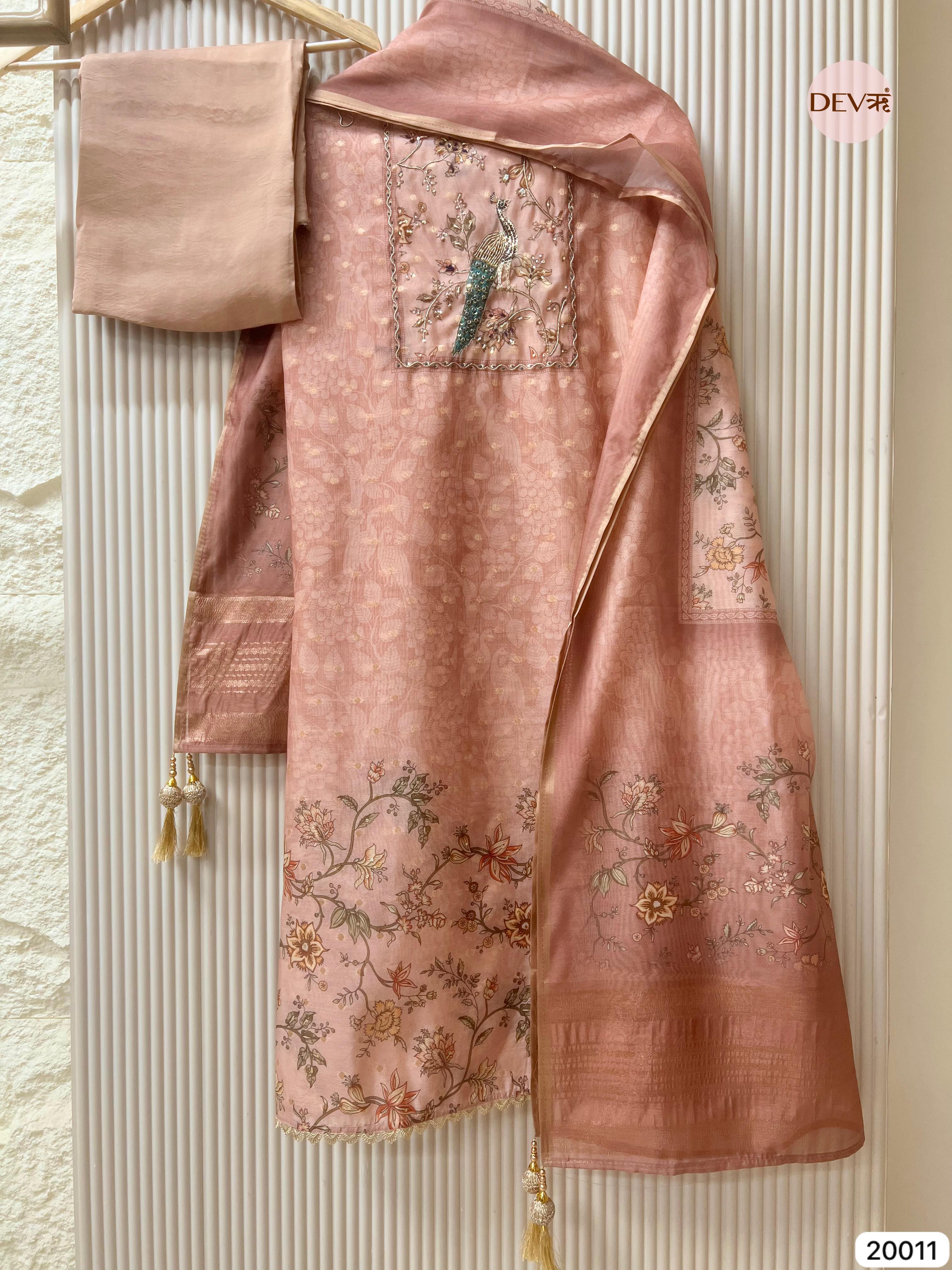 Dusty Rose Pure Chanderi Hand Embroidered Unstitched 3-Piece Suit (Devri – D.No 20011)