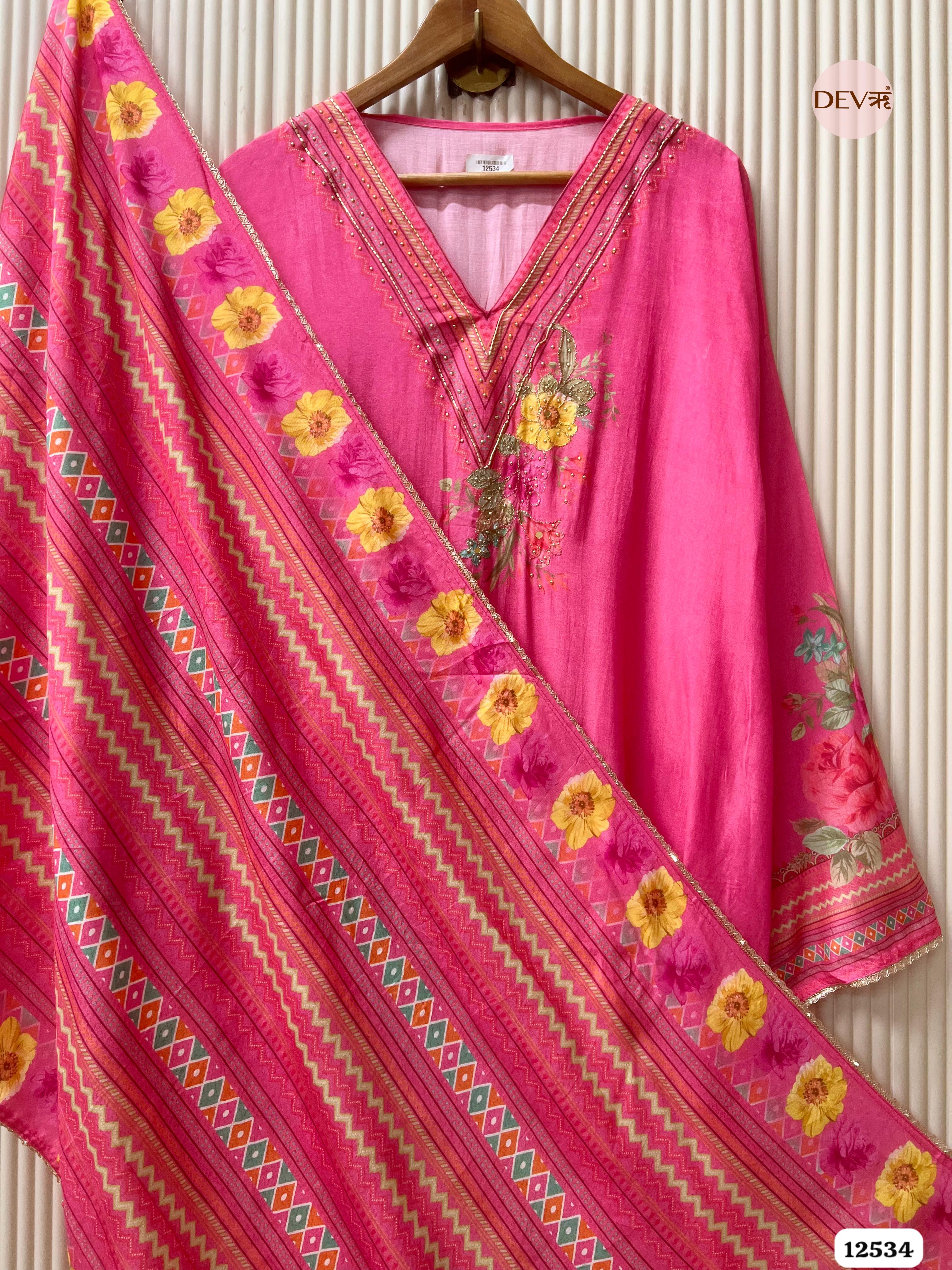 Deep Pink Muslin Printed Unstitched 3-Piece Suit (Devri – D.No . 12534)