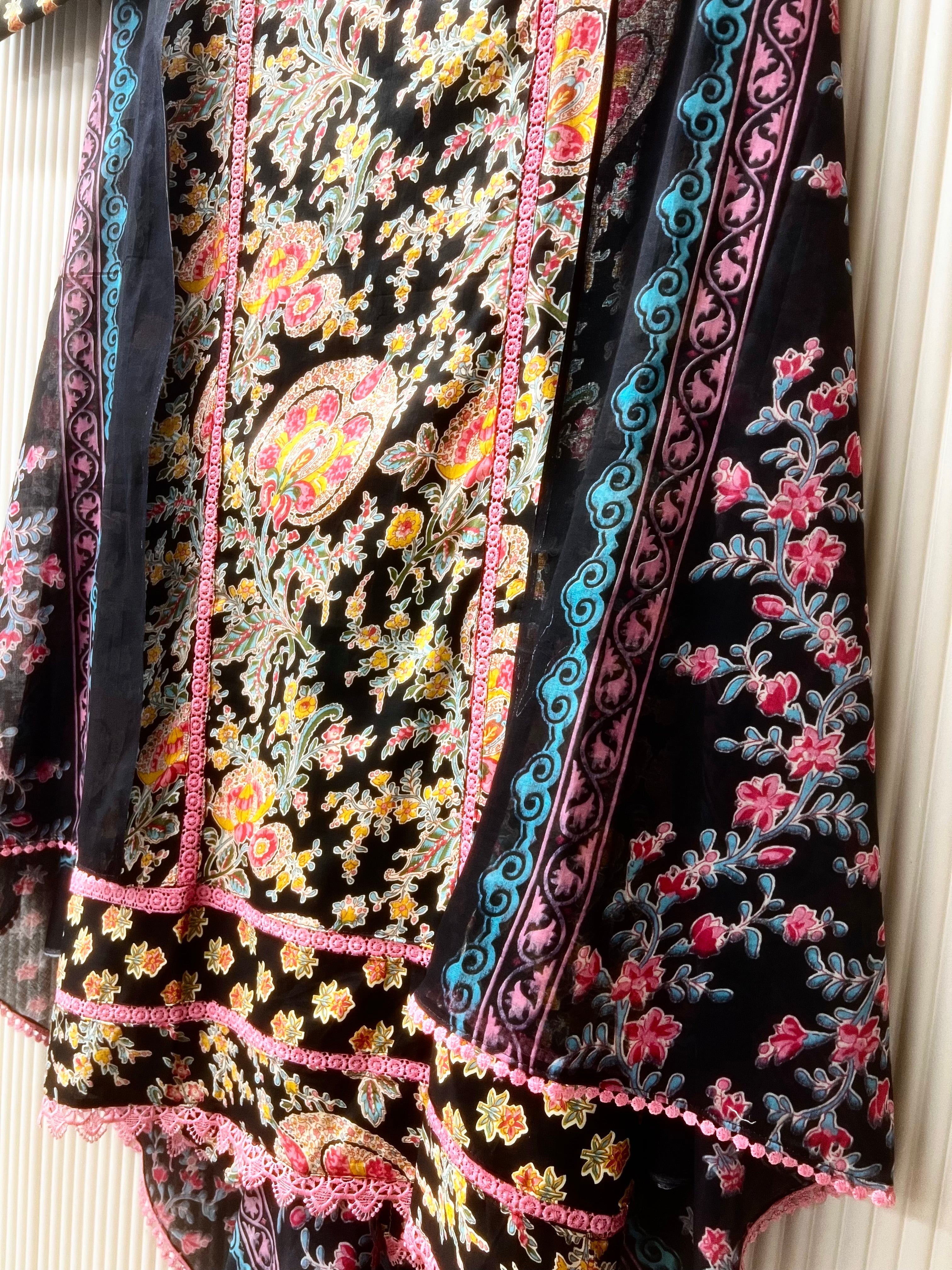 Black Cotton Floral Printed Unstitched 3-Piece Suit (Devri – D.No 12637)