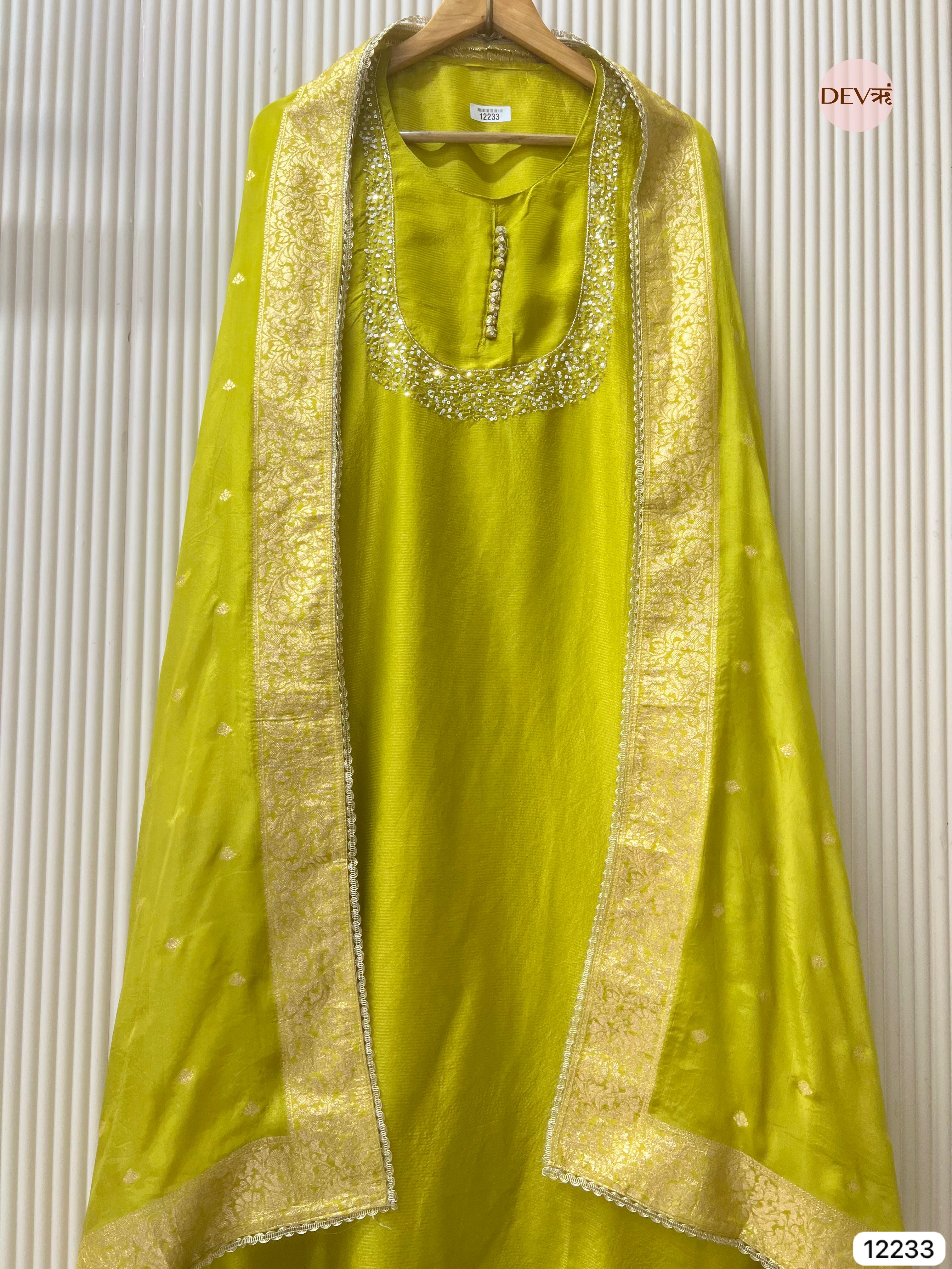 Lime Tissue Shimmer Silk Embroidered Unstitched 3-Piece Suit (Devri – D.No 12233)