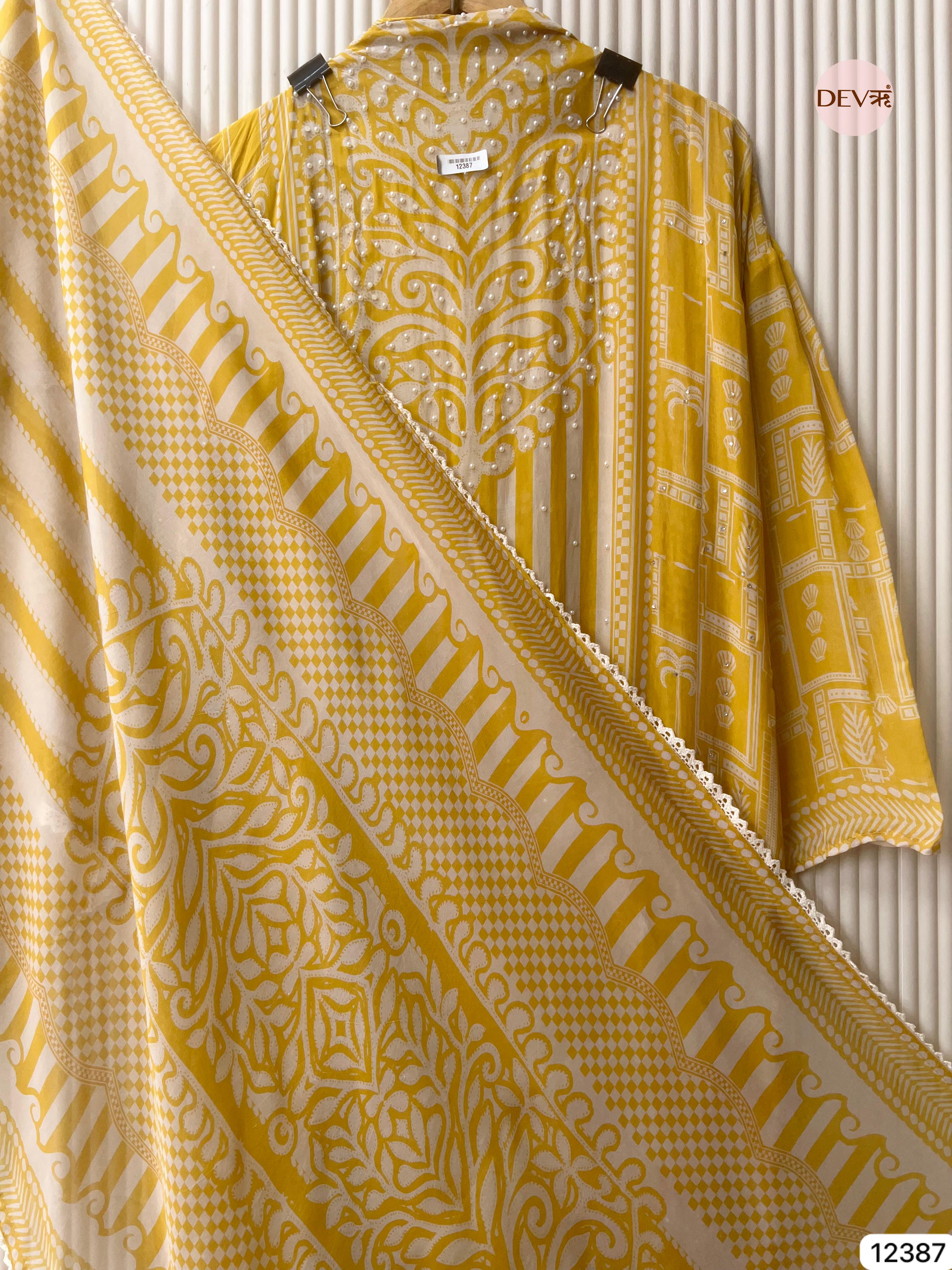 Pastel Yellow Organza Embroidered Unstitched 3-Piece Suit (Devri – D.No 12387)