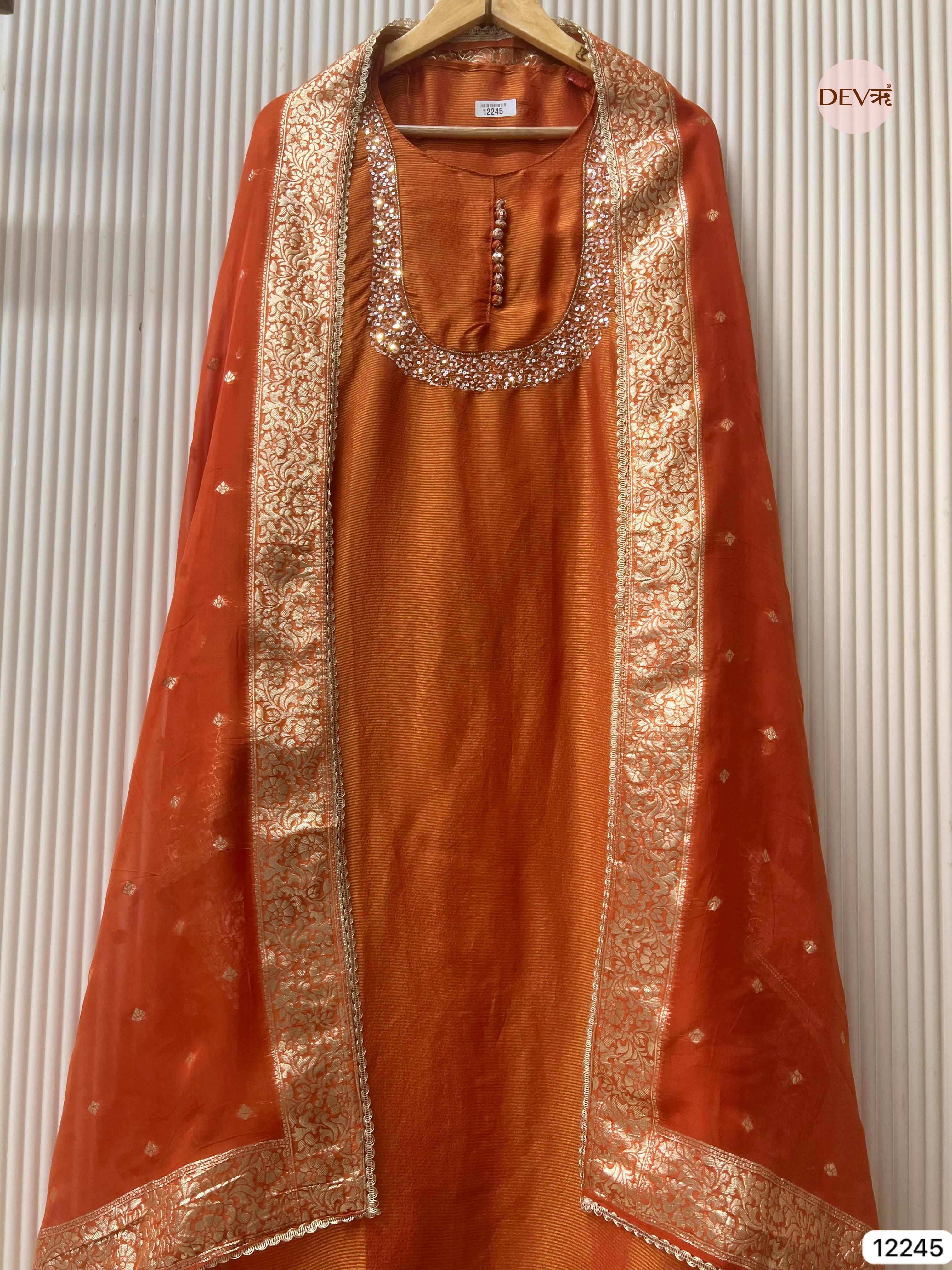 Rust Tissue Shimmer Silk Embroidered Unstitched 3-Piece Suit (Devri – D.No 12245)