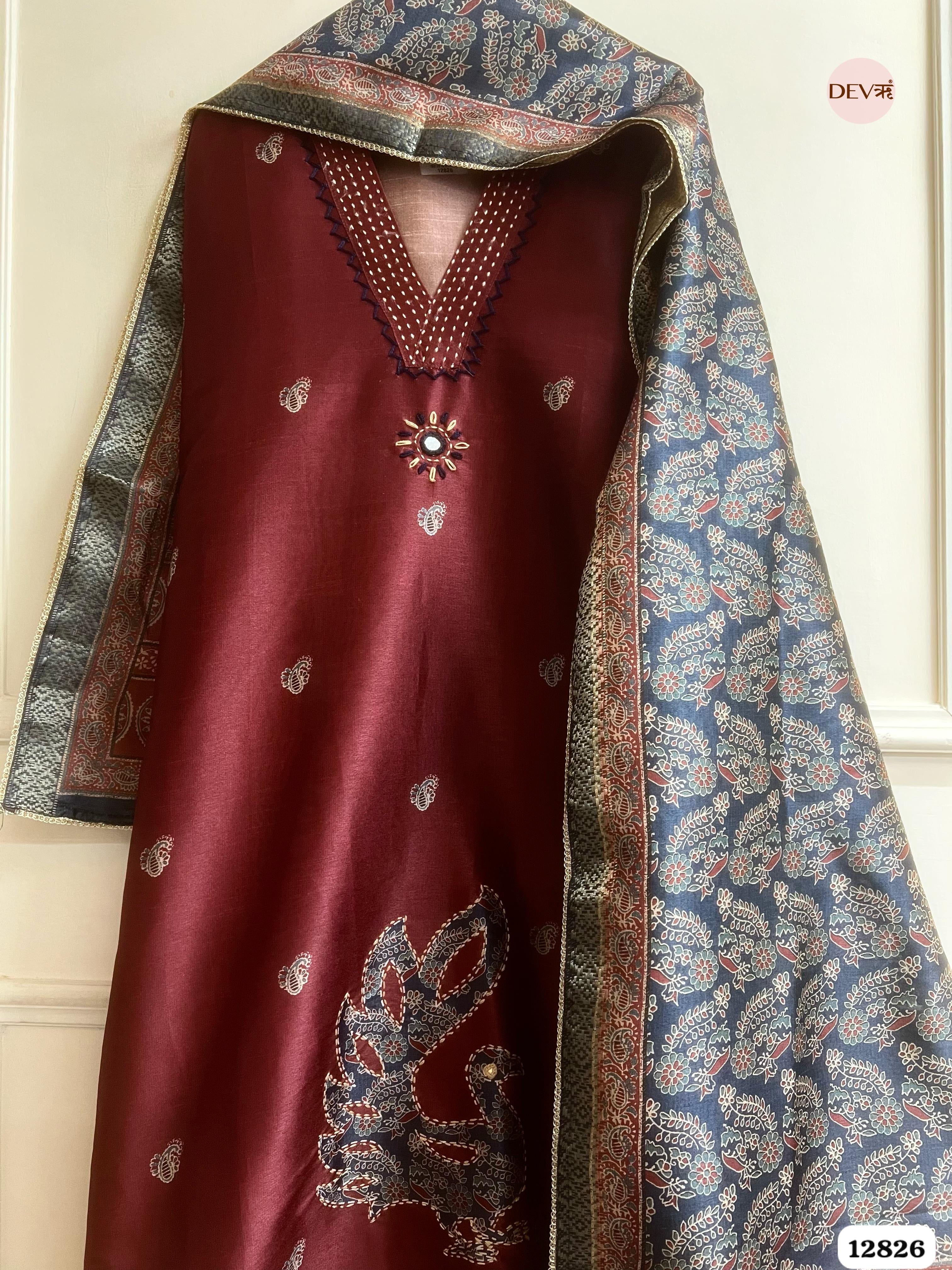 Maroon Chanderi Silk Printed Unstitched 3-Piece Suit (Devri – D.No 12826)