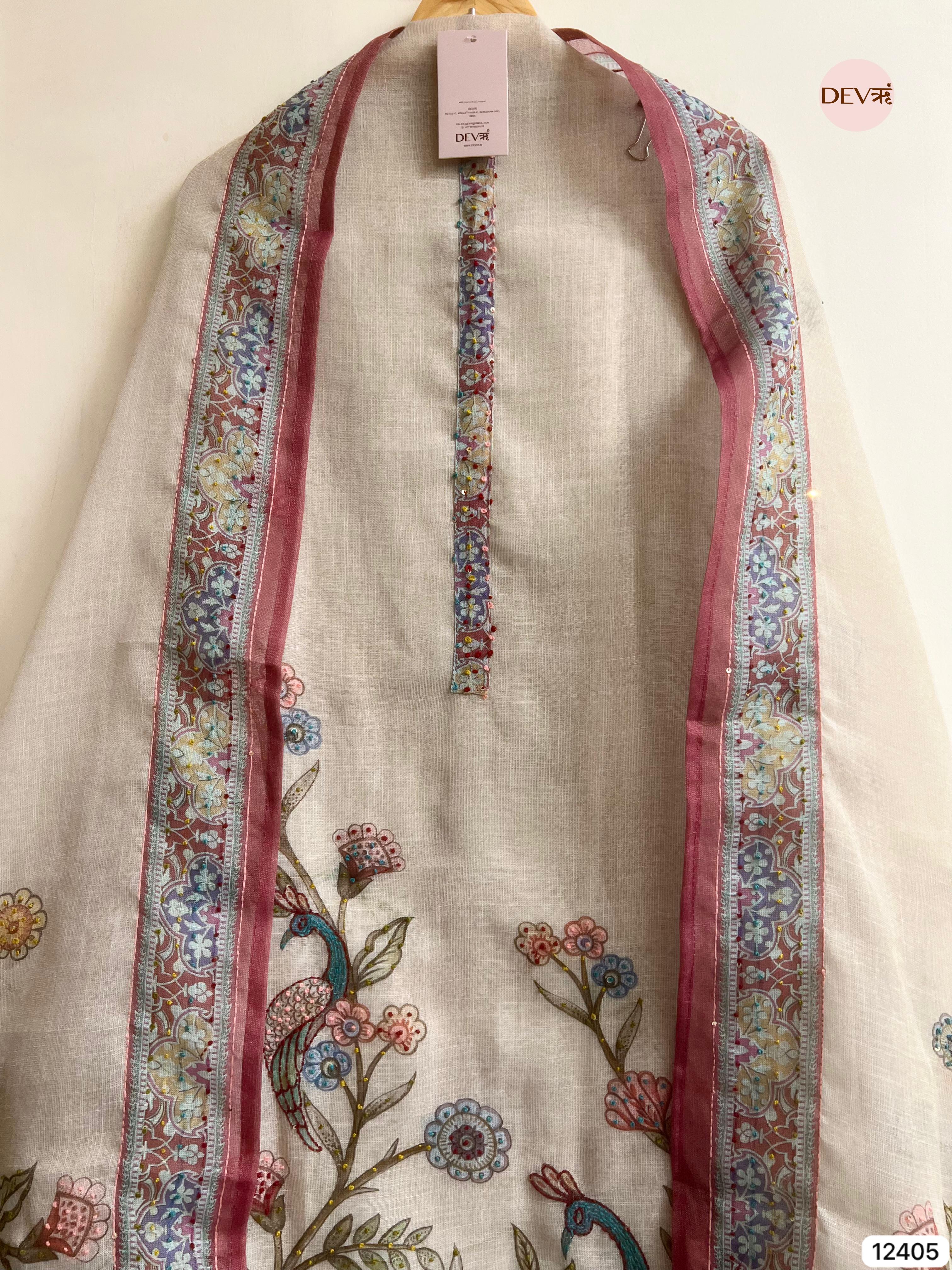 Beige Pure Linen Cotton Printed Unstitched 3-Piece Suit (Devri – D.No 12405).