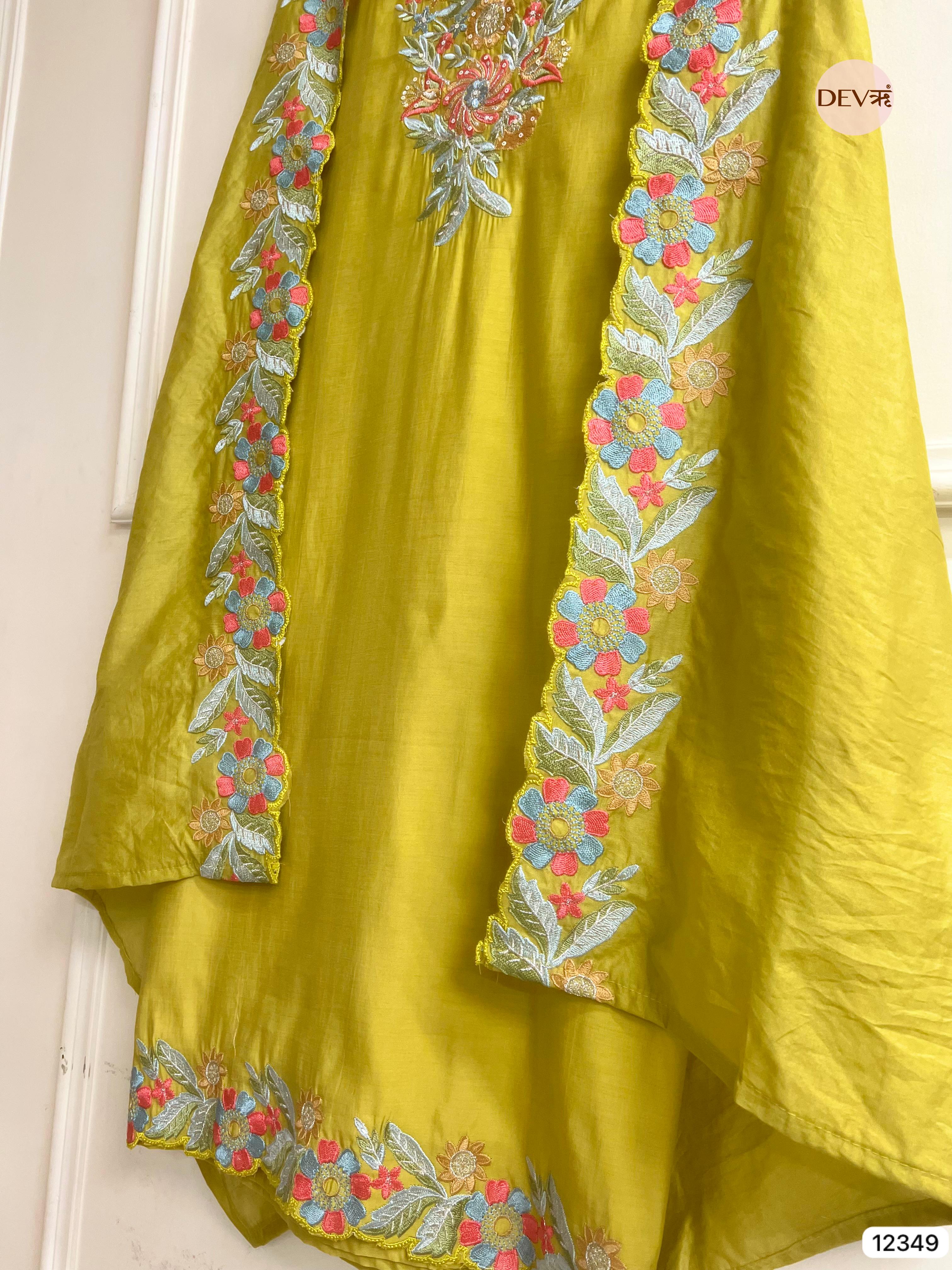 Olive Green Roman Silk Embroidered Unstitched 3-Piece Suit (Devri – D.No 12349)