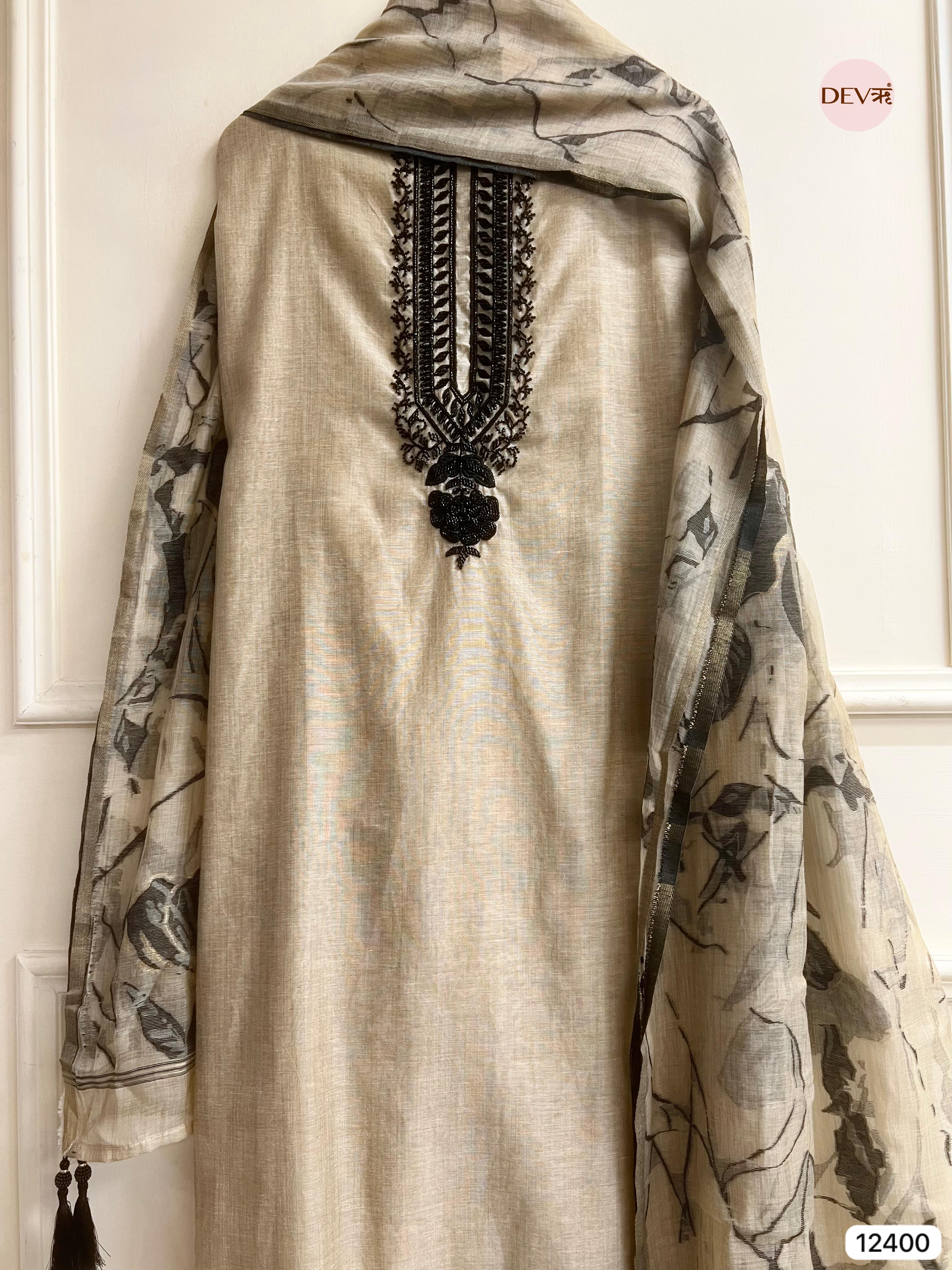 Beige Mul Chanderi Embroidered Unstitched 3-Piece Suit (Devri – D.No 12400)