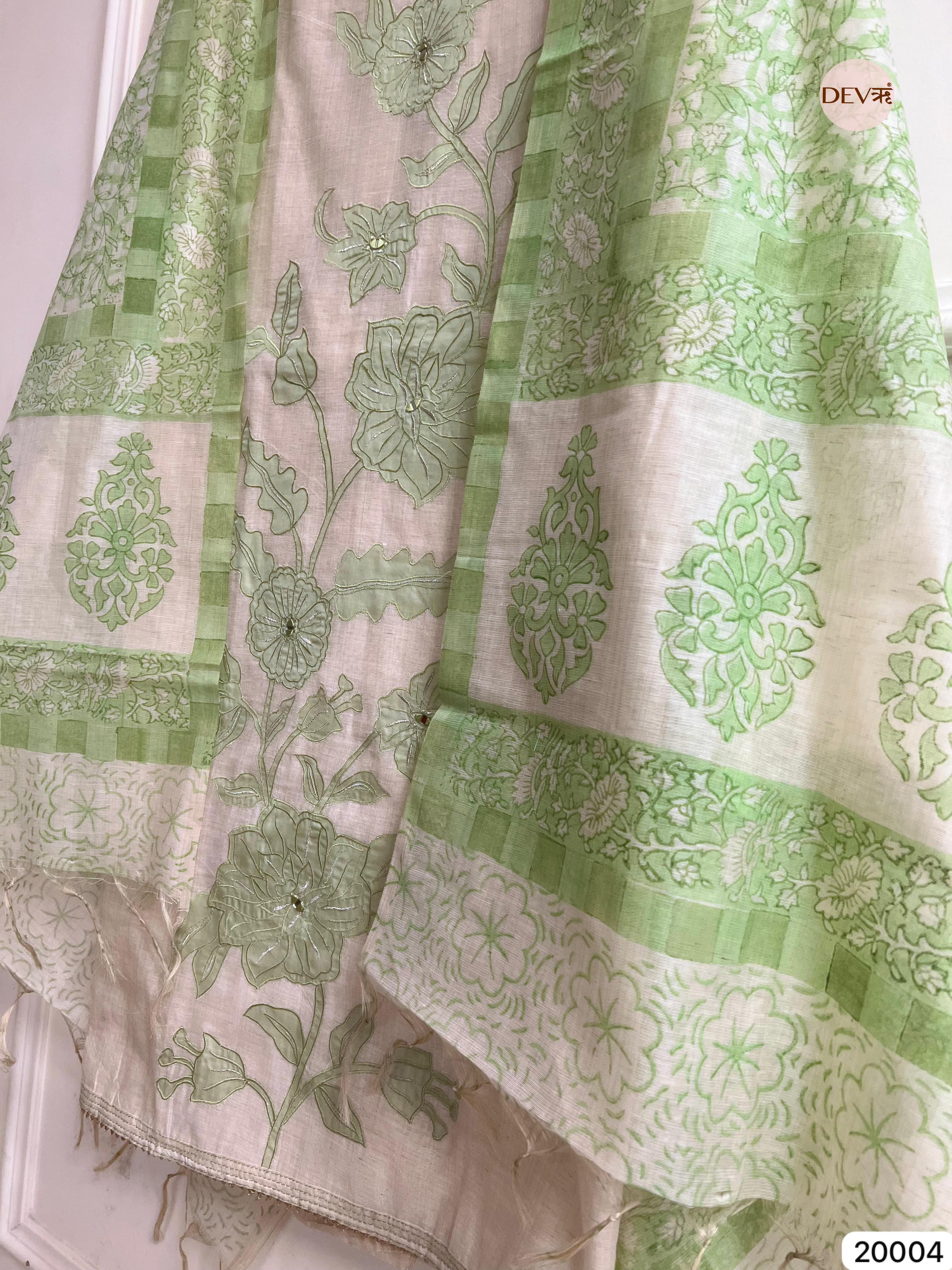 Green Pure Linen Cotton Embroidered Unstitched 3-Piece Suit (Devri – D.No 20004)