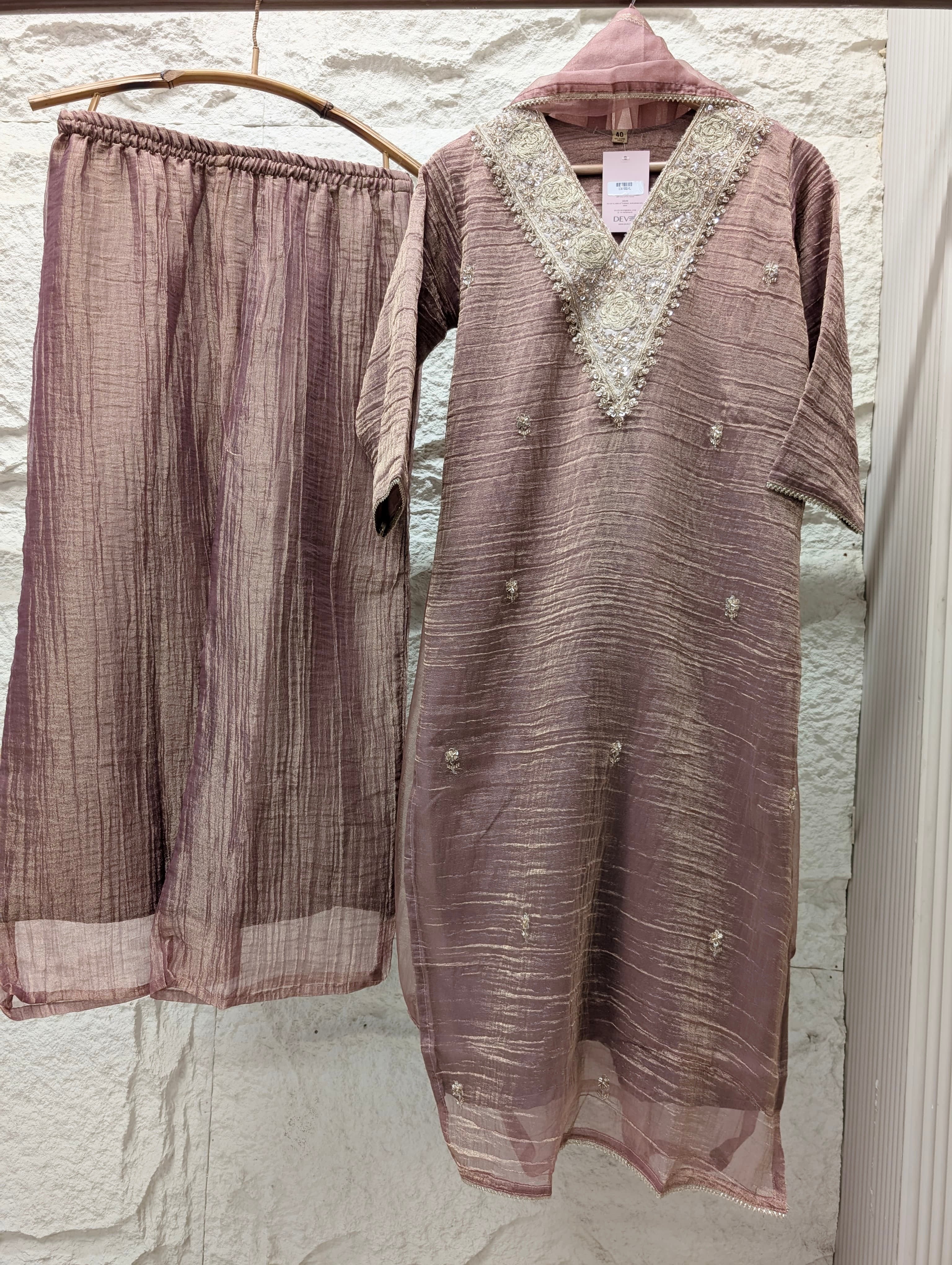 Gulnaar Tissue silk Embroidered Mauve 3-Piece Set (Devri – D.No 13702)
