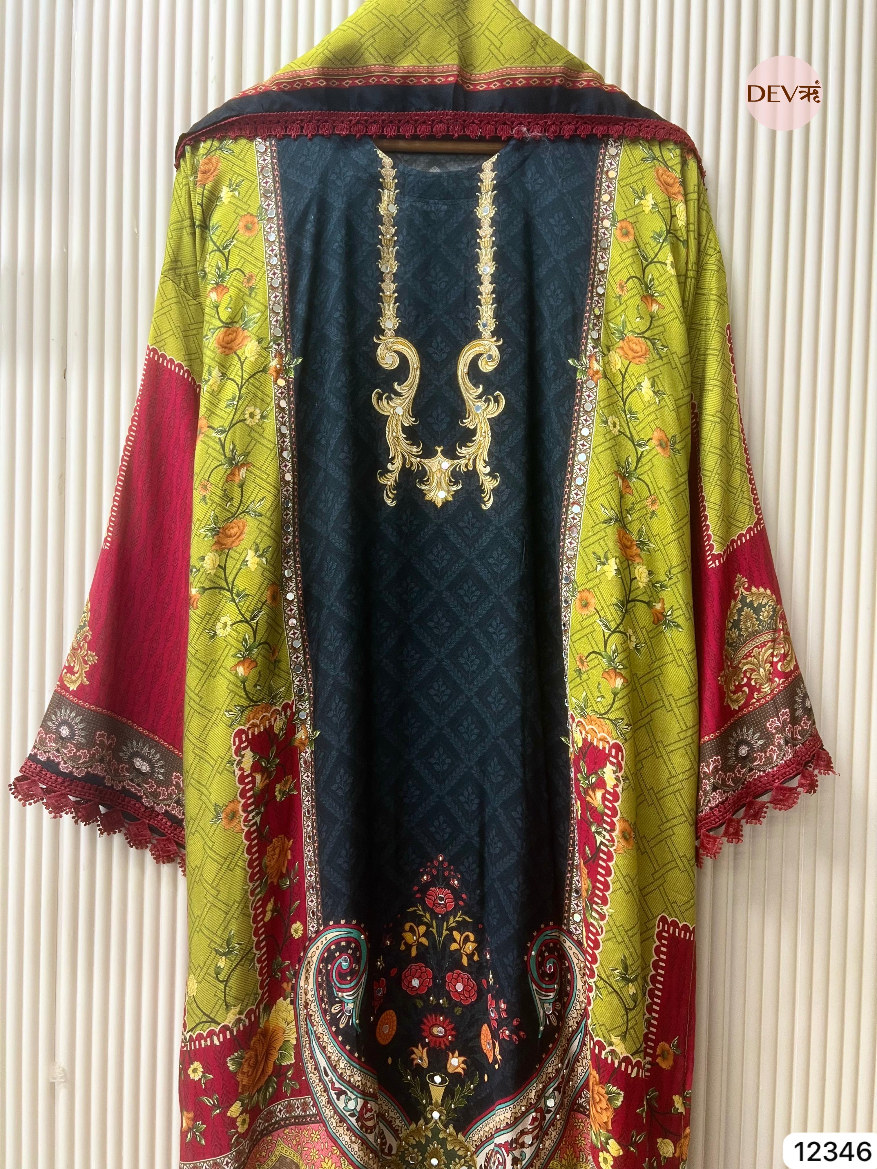 Deep Teal Muslin Printed Unstitched 3-Piece Suit (Devri – D.No 12346)