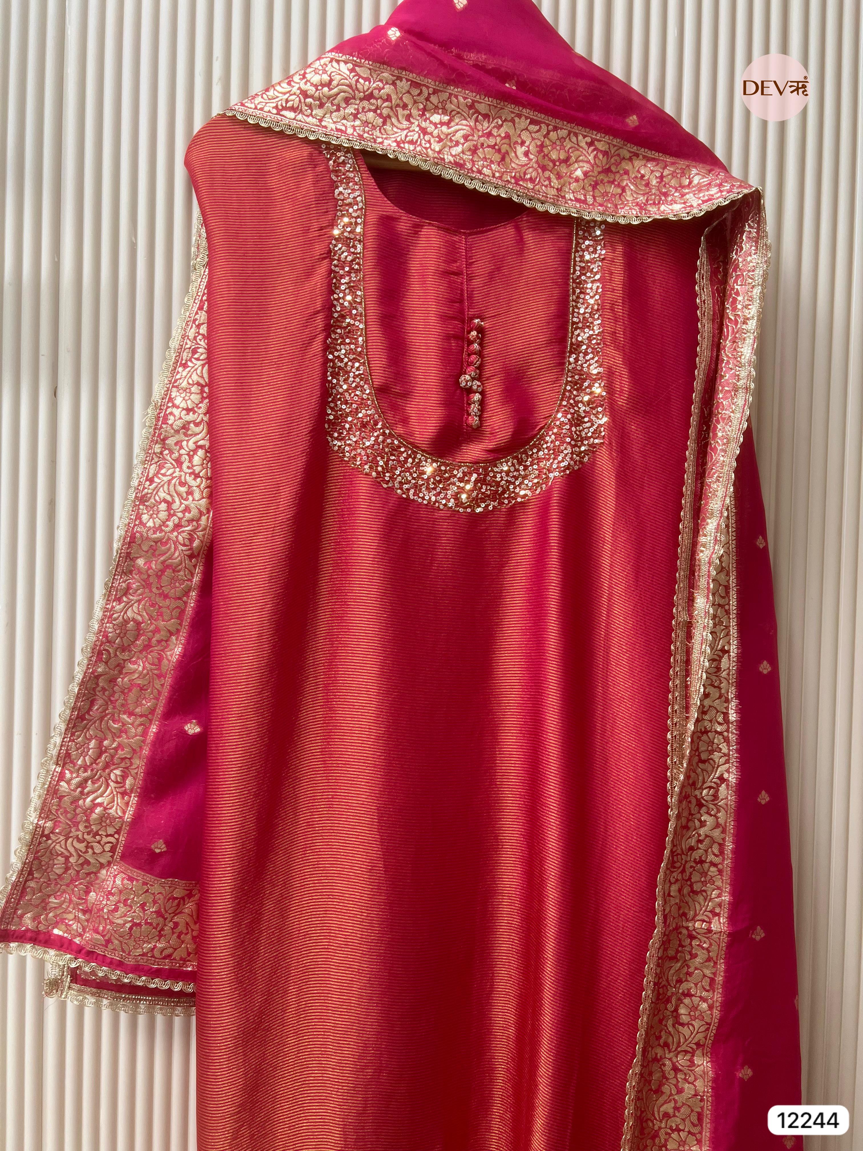 Rani Pink Tissue Shimmer Silk Embroidered Unstitched 3-Piece Suit (Devri – D.No 12244)
