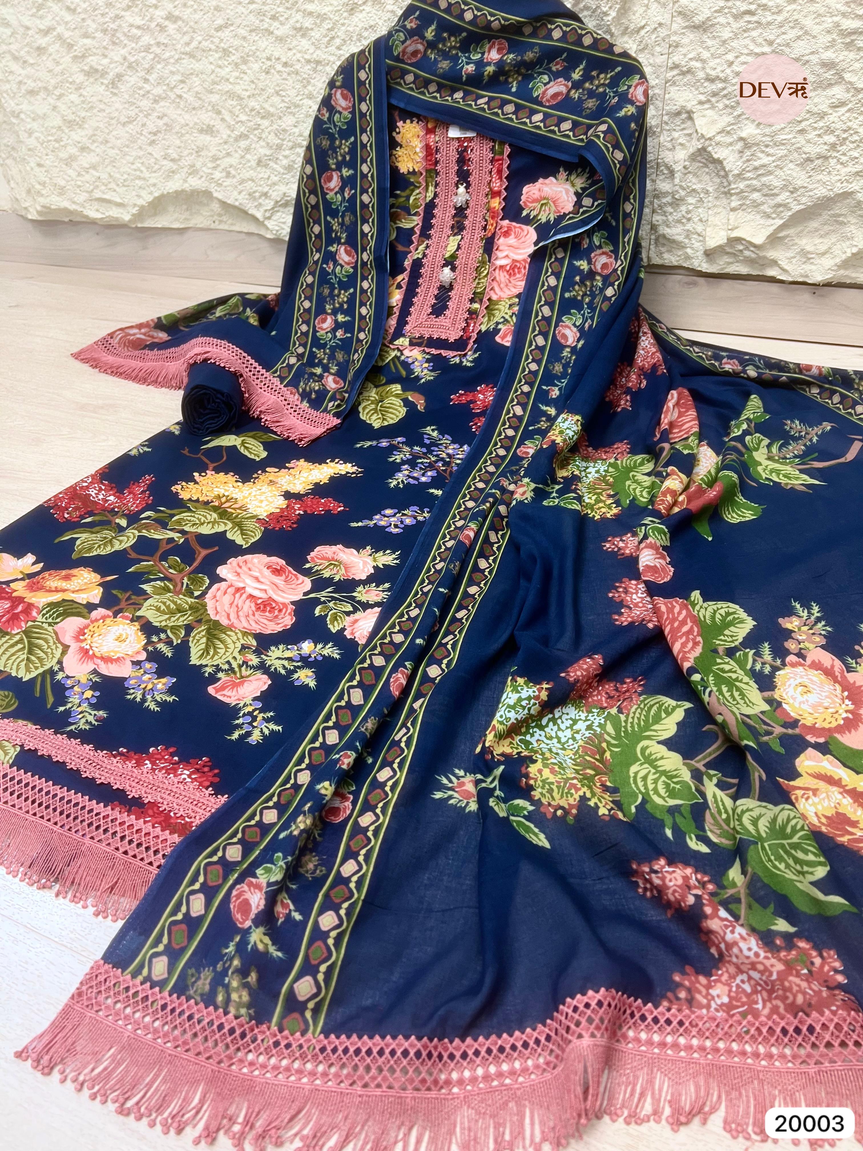 Indigo Meadow Pure Cotton Printed Unstitched 3-Piece Suit (Devri – D.No 20003)
