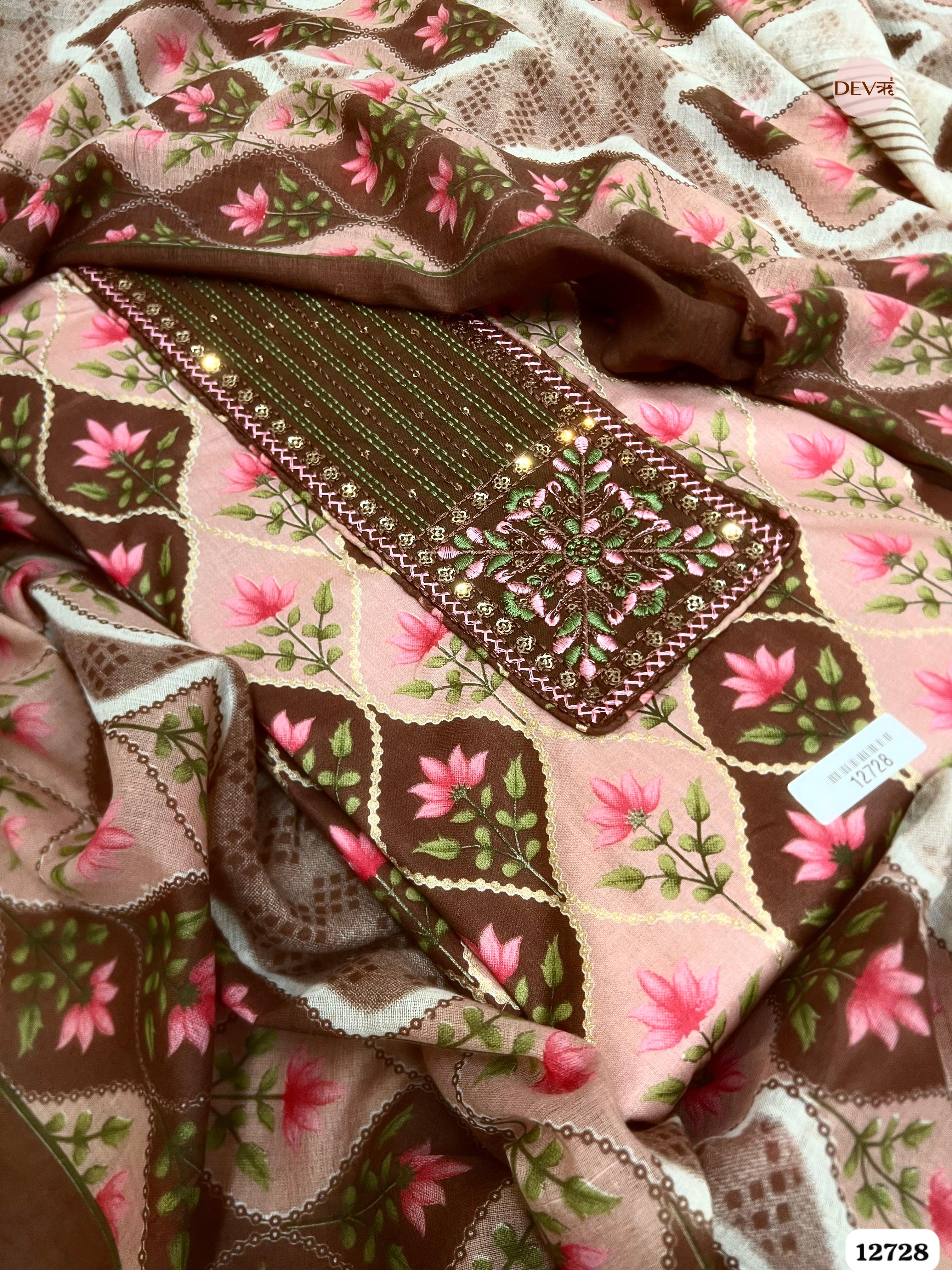 Brown Cotton Embroidered Unstitched 3-Piece Suit (Devri – D.No 12728)