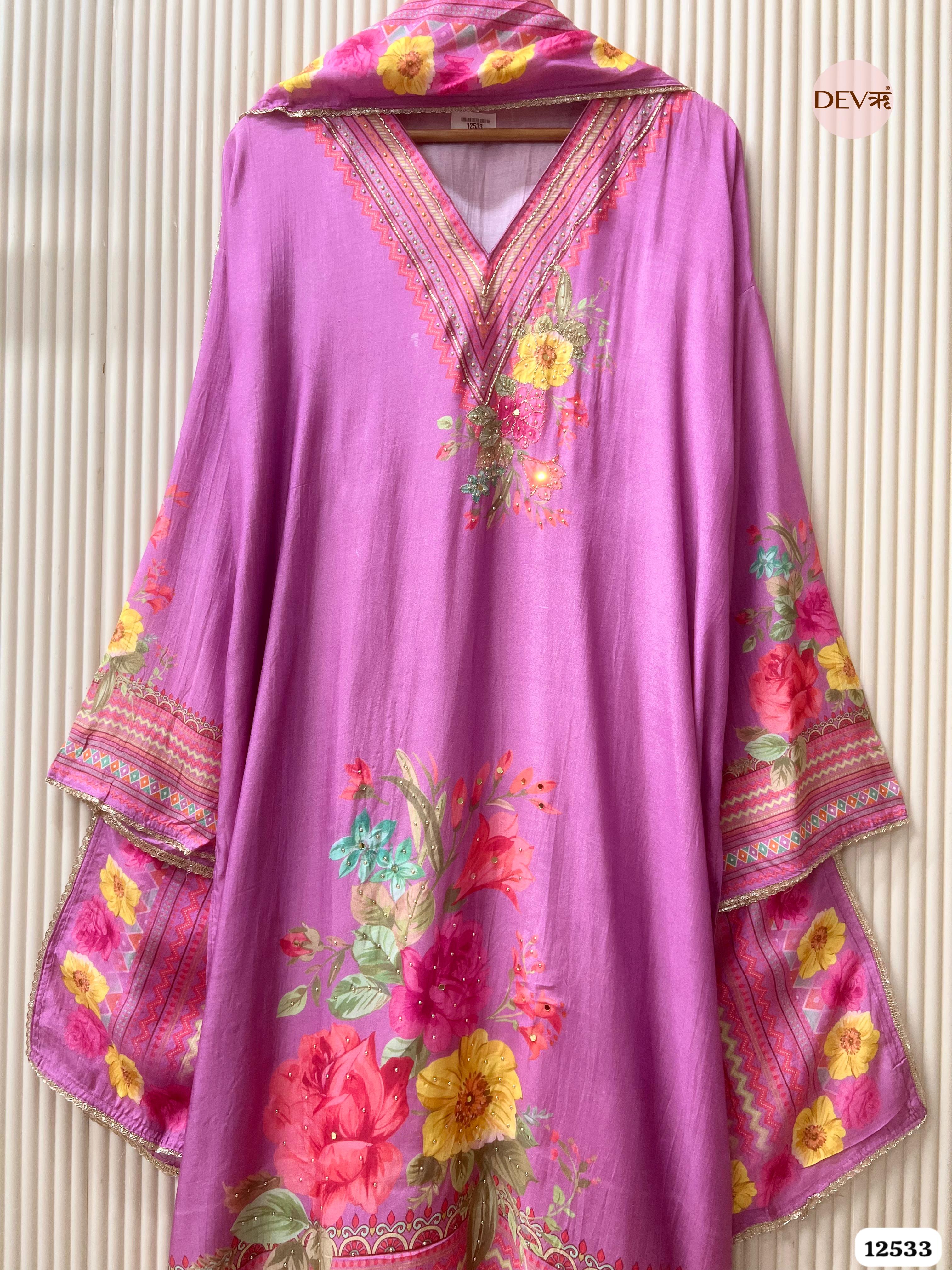 Rose Pink Muslin Printed Unstitched 3-Piece Suit (Devri – D.No. 12533)