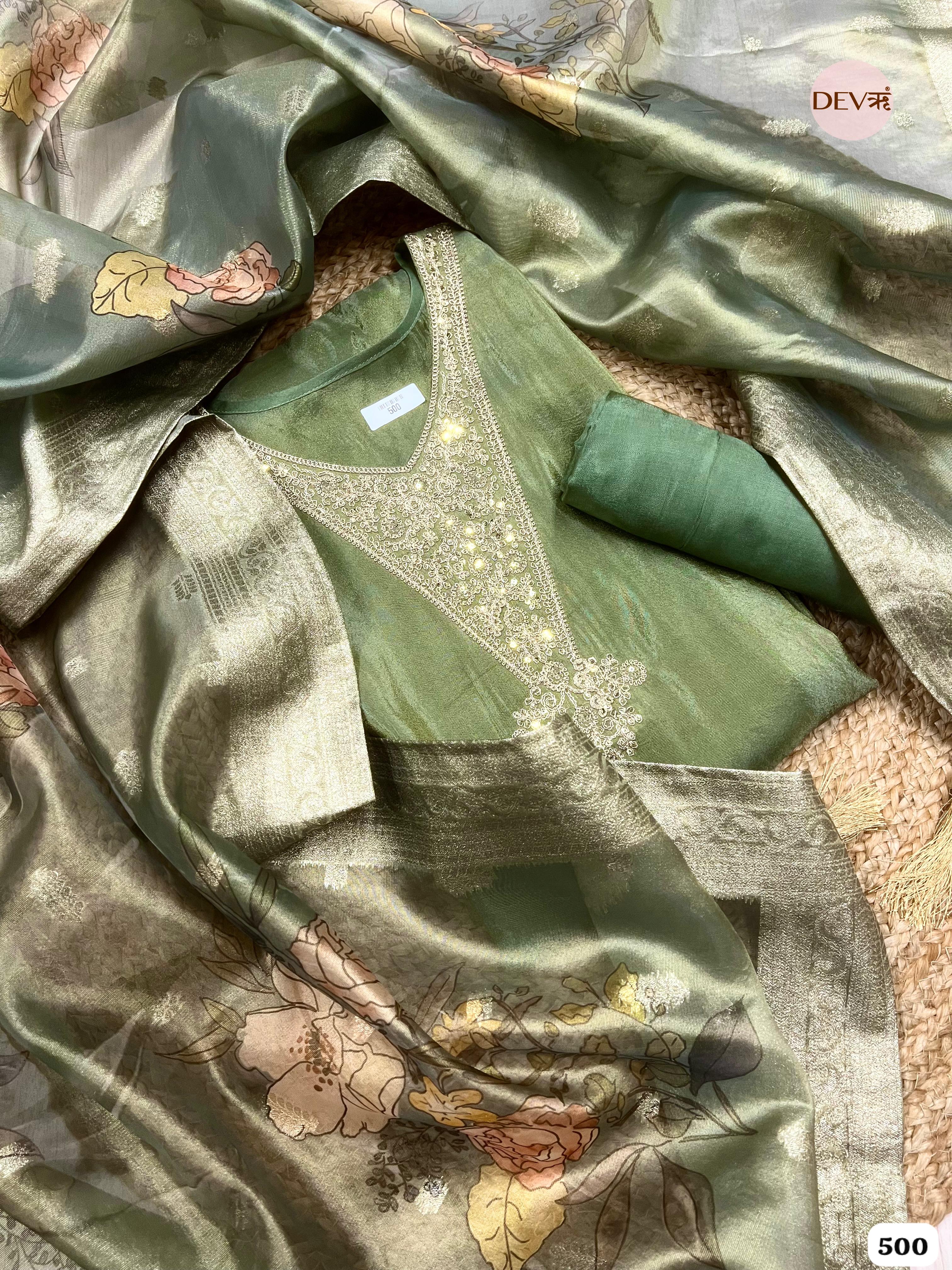 Olive Tissue Silk Embroidered Unstitched 3-Piece Suit (Devri – D.No .500)