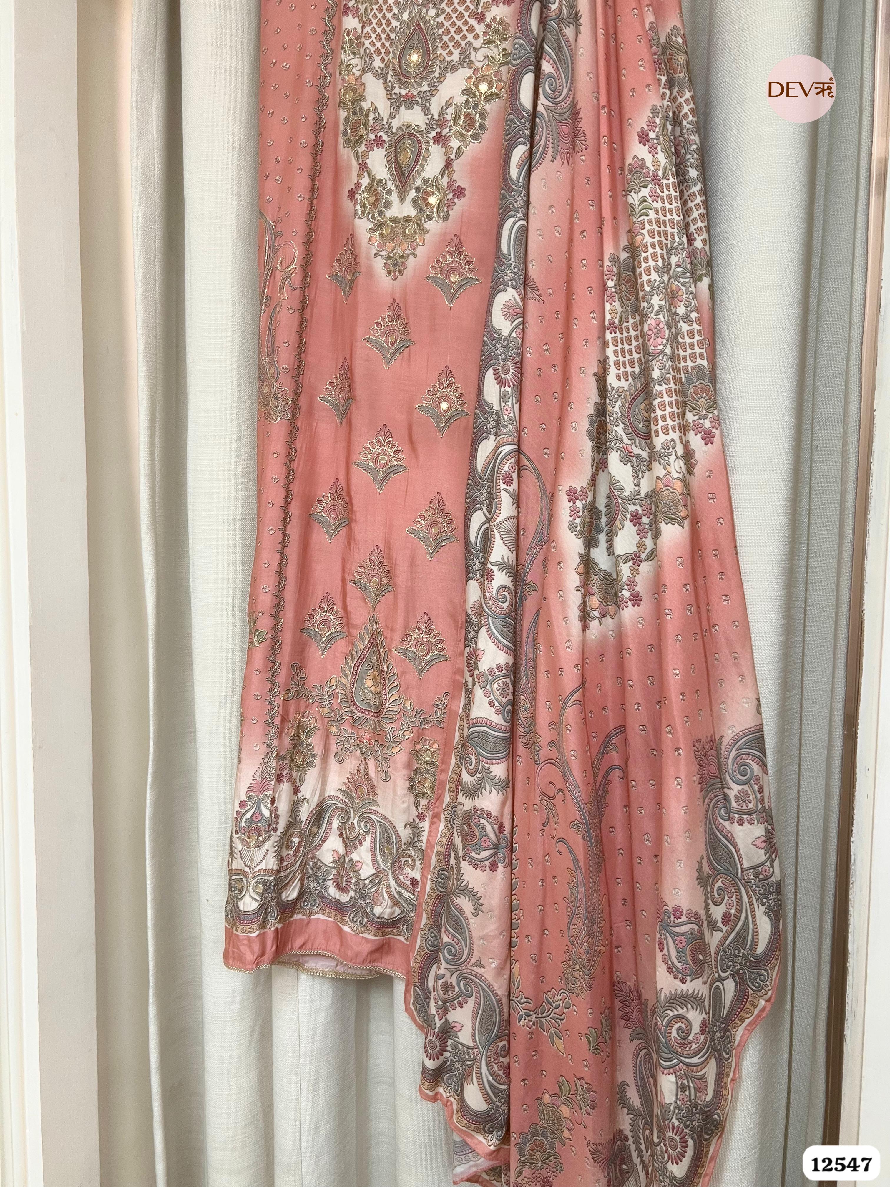 Peach Muslin Embroidered Unstitched 3-Piece Suit (Devri – D.No 12547)